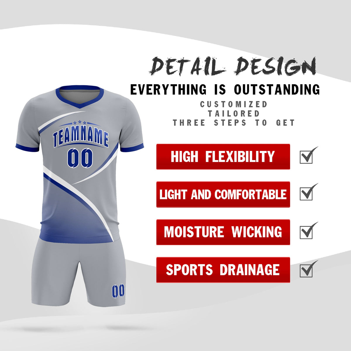 Custom Gray Royal Color Block Training Uniform For Men Football Kits Jersey