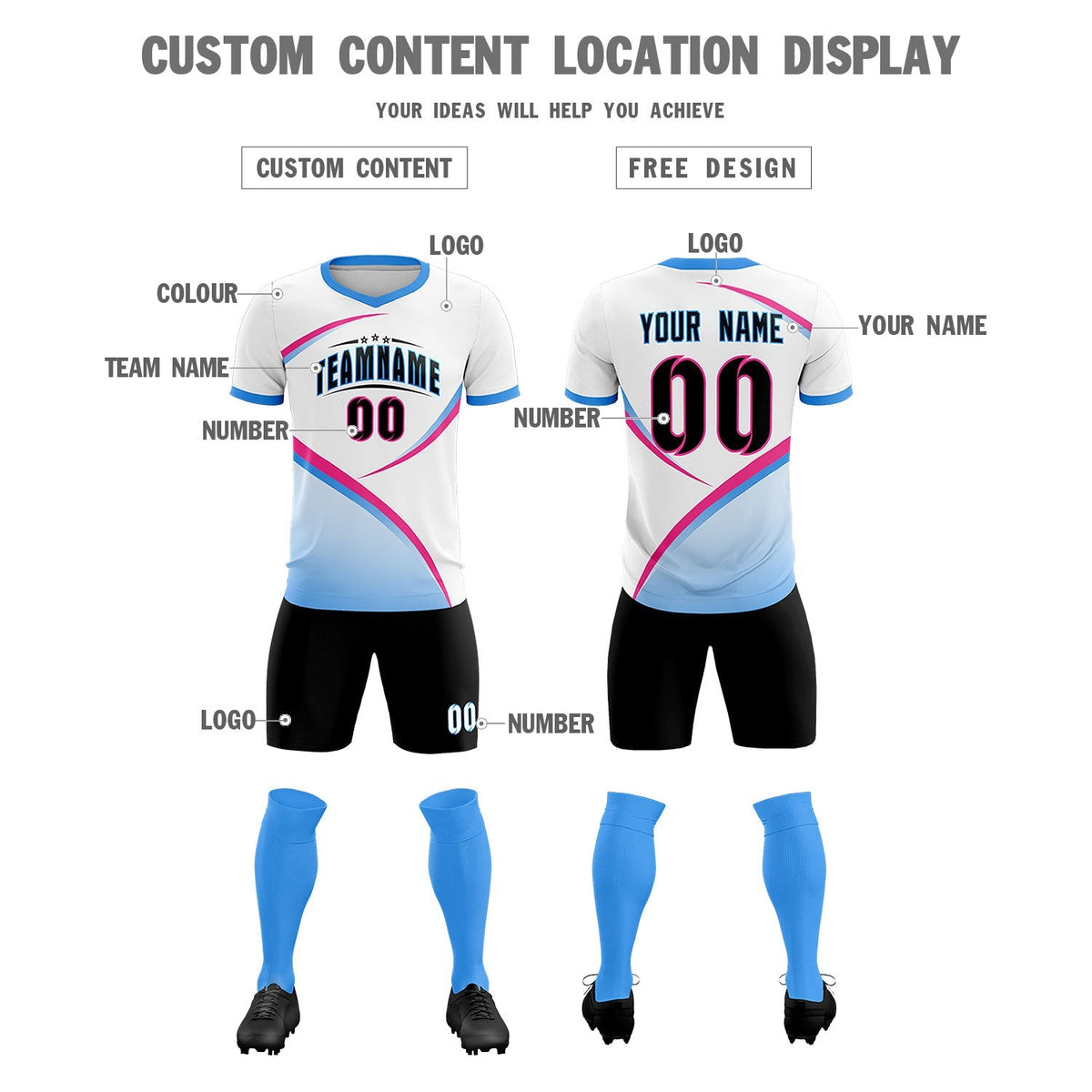 Custom White Powder Blue Color Block Training Uniform For Men Football Kits Jersey