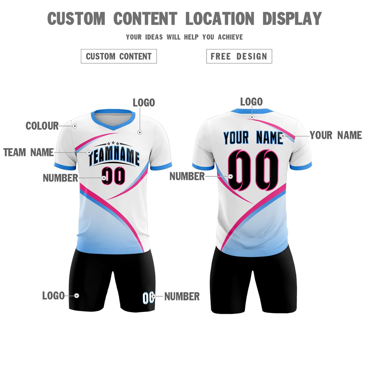 Custom White Powder Blue Color Block Training Uniform For Men Football Kits Jersey