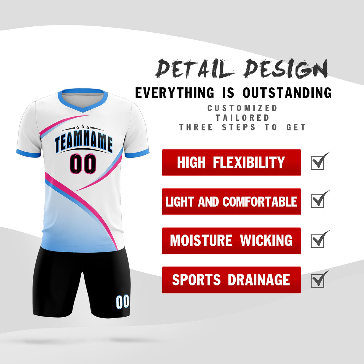 Custom White Powder Blue Color Block Training Uniform For Men Soccer Sets Jersey