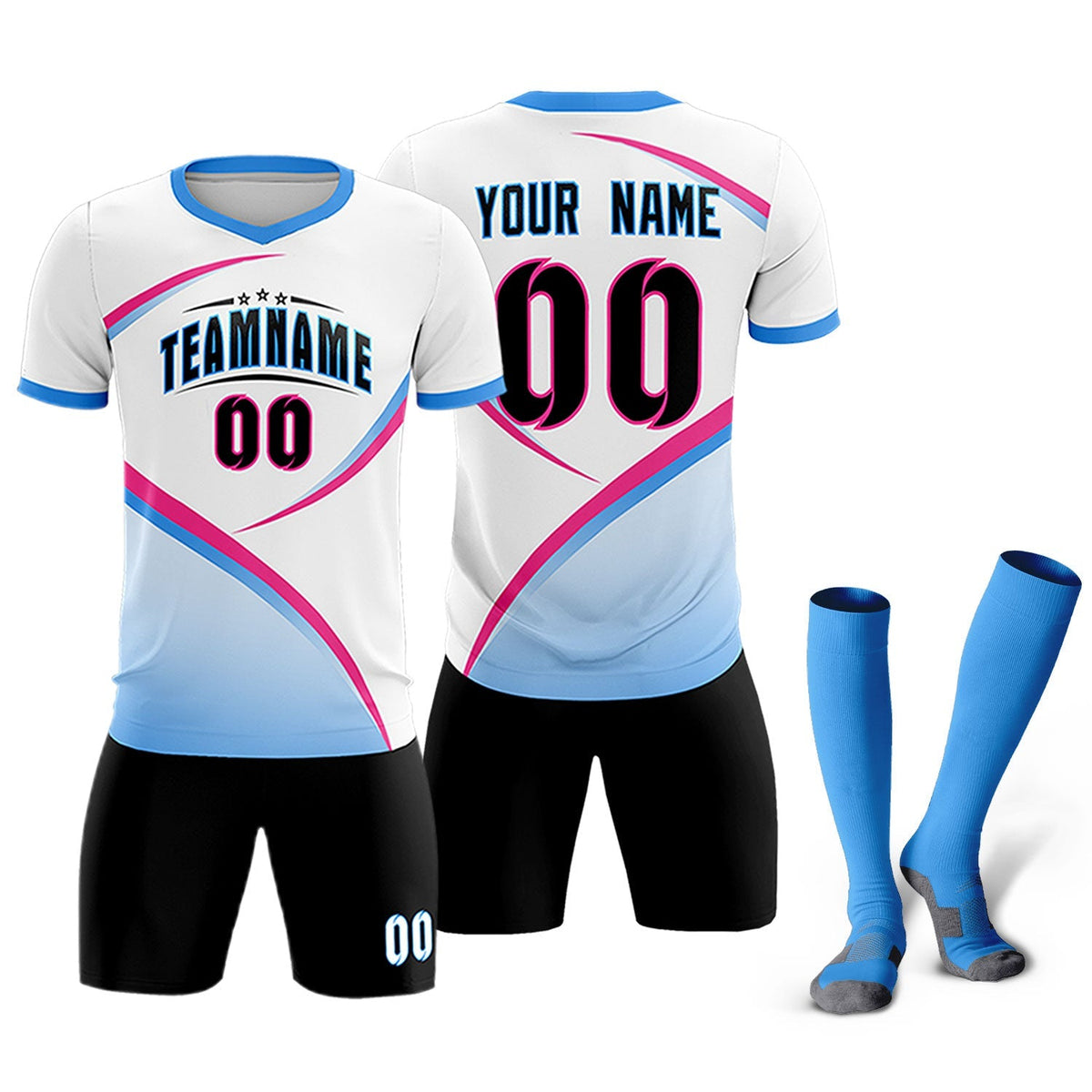 Custom White Powder Blue Color Block Training Uniform For Men Football Kits Jersey