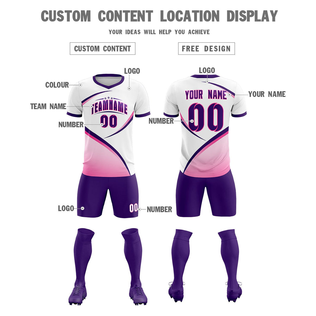 Custom White Purple Color Block Training Uniform For Men Soccer Sets Jersey