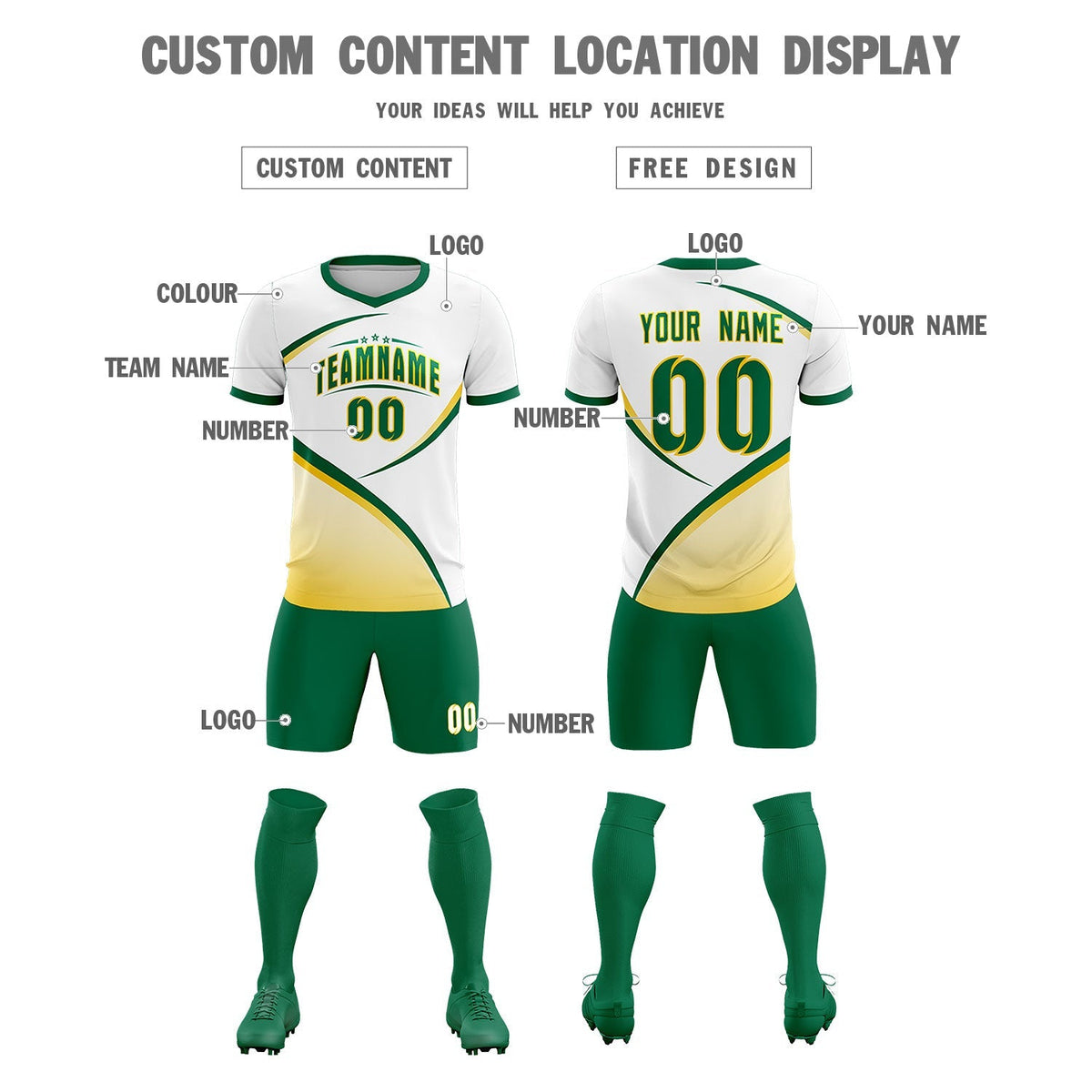 Custom White Kelly Green Color Block Training Uniform For Men Football Kits Jersey