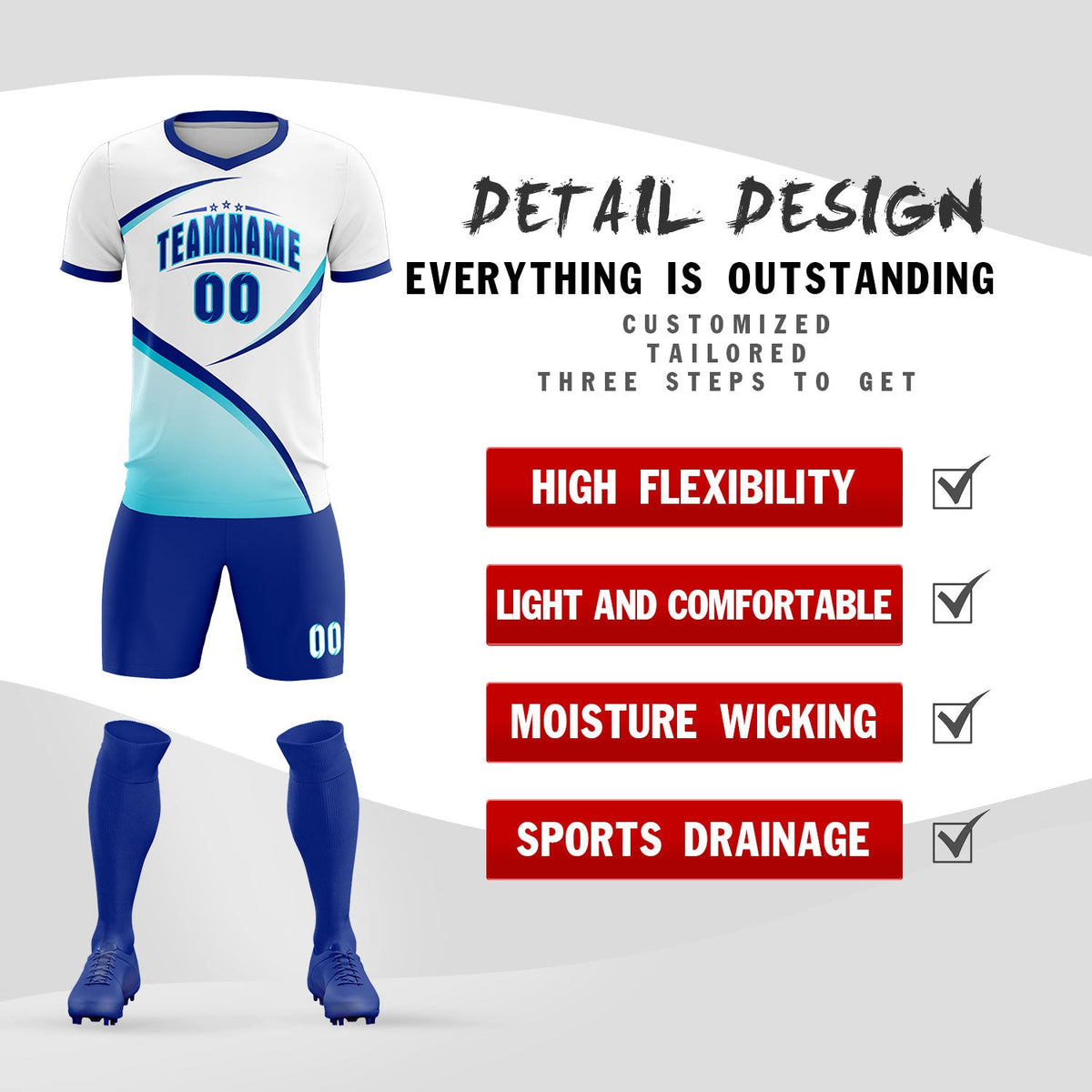 Custom White Sky Blue Color Block Training Uniform For Men Football Kits Jersey