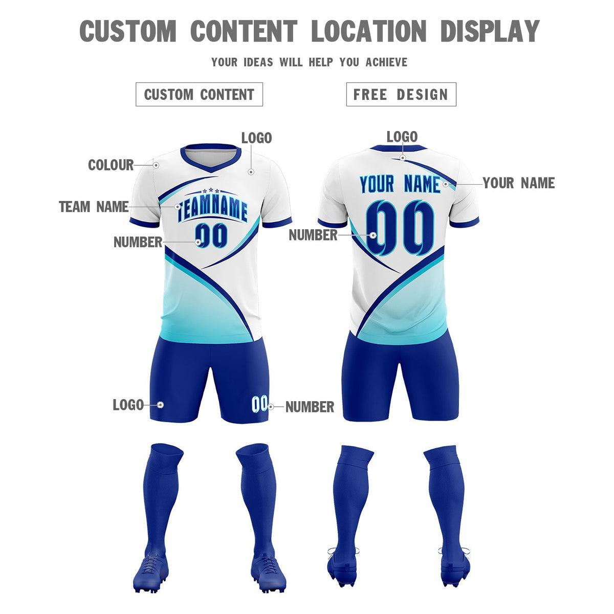 Custom White Sky Blue Color Block Training Uniform For Men Football Kits Jersey