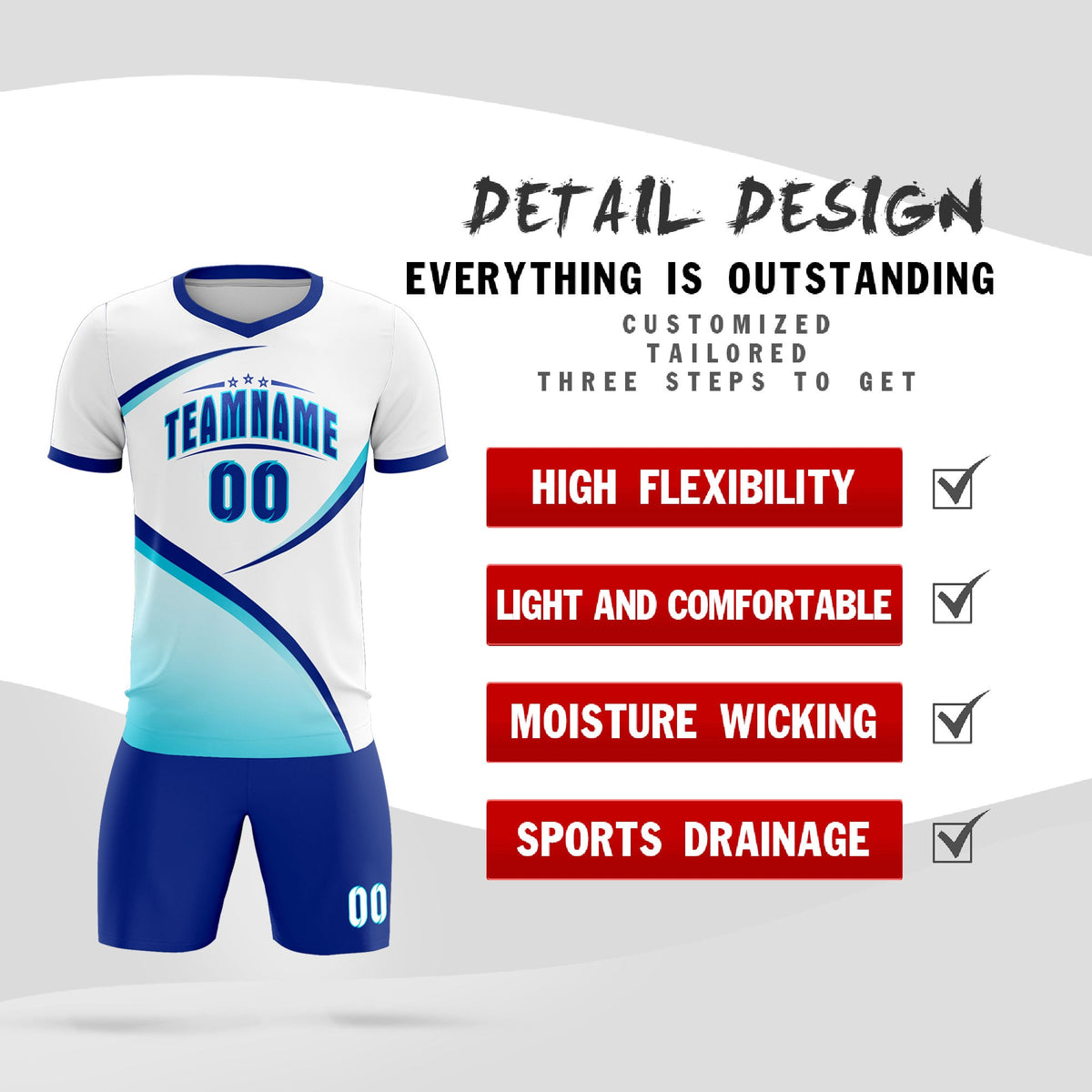 Custom White Sky Blue Color Block Training Uniform For Men Football Kits Jersey