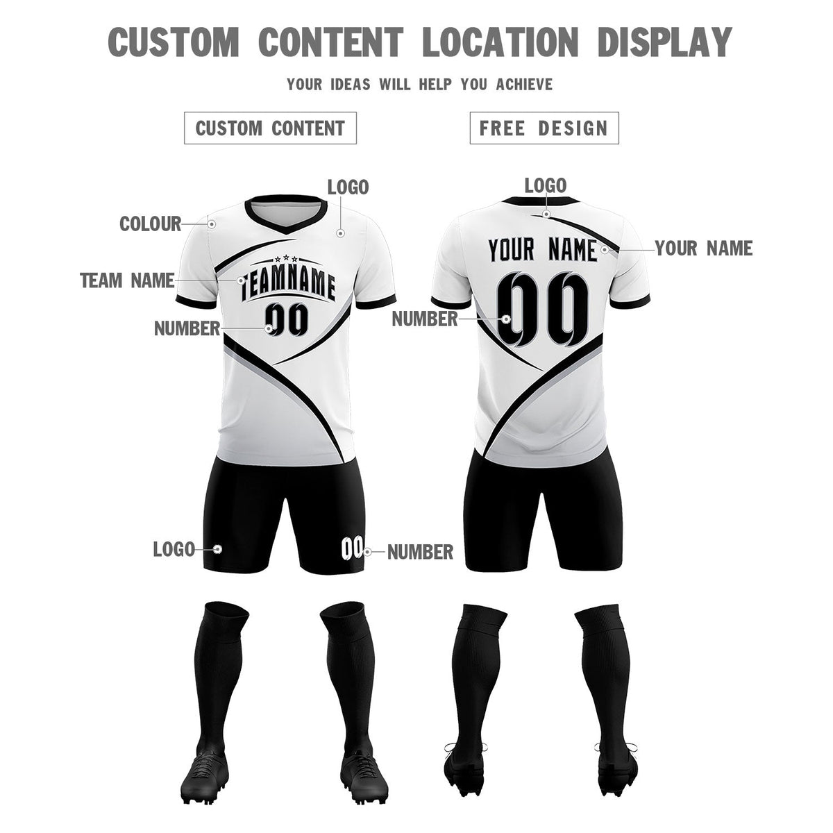 Custom White Black Color Block Training Uniform For Men Football Kits Jersey
