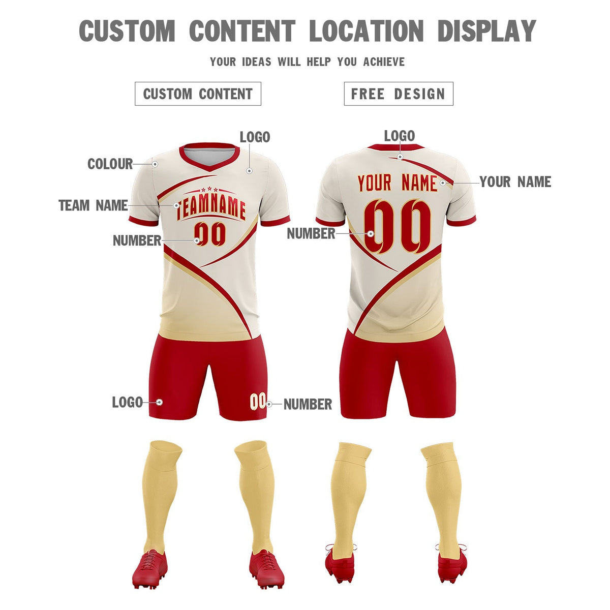 Custom Cream Red Color Block Training Uniform For Men Football Kits Jersey