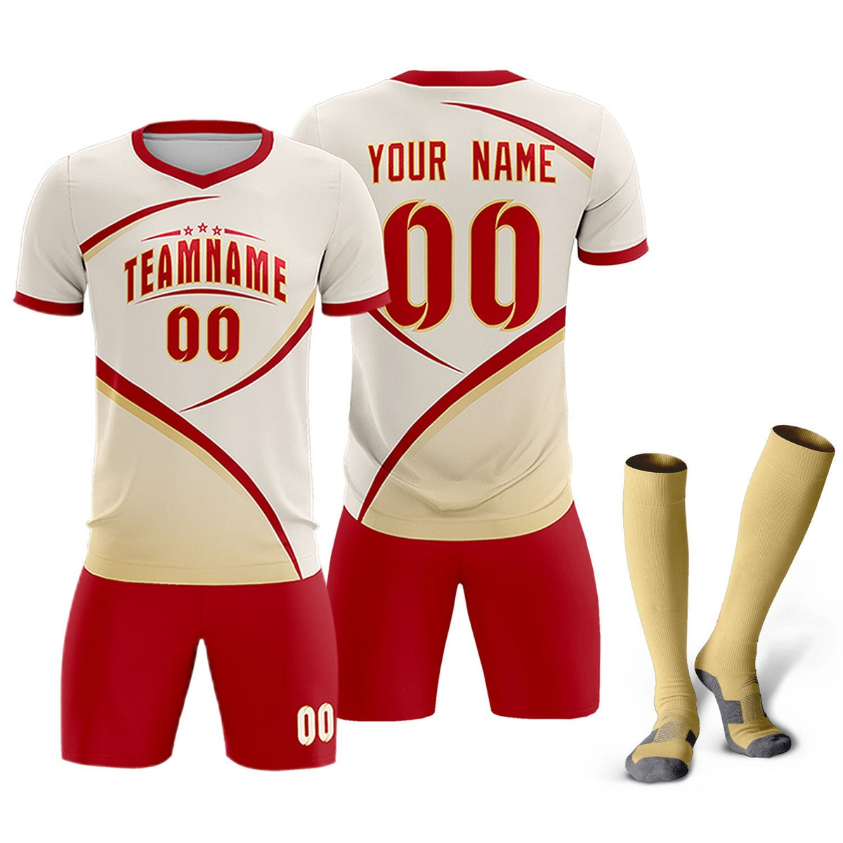 Custom Cream Red Color Block Training Uniform For Men Football Kits Jersey