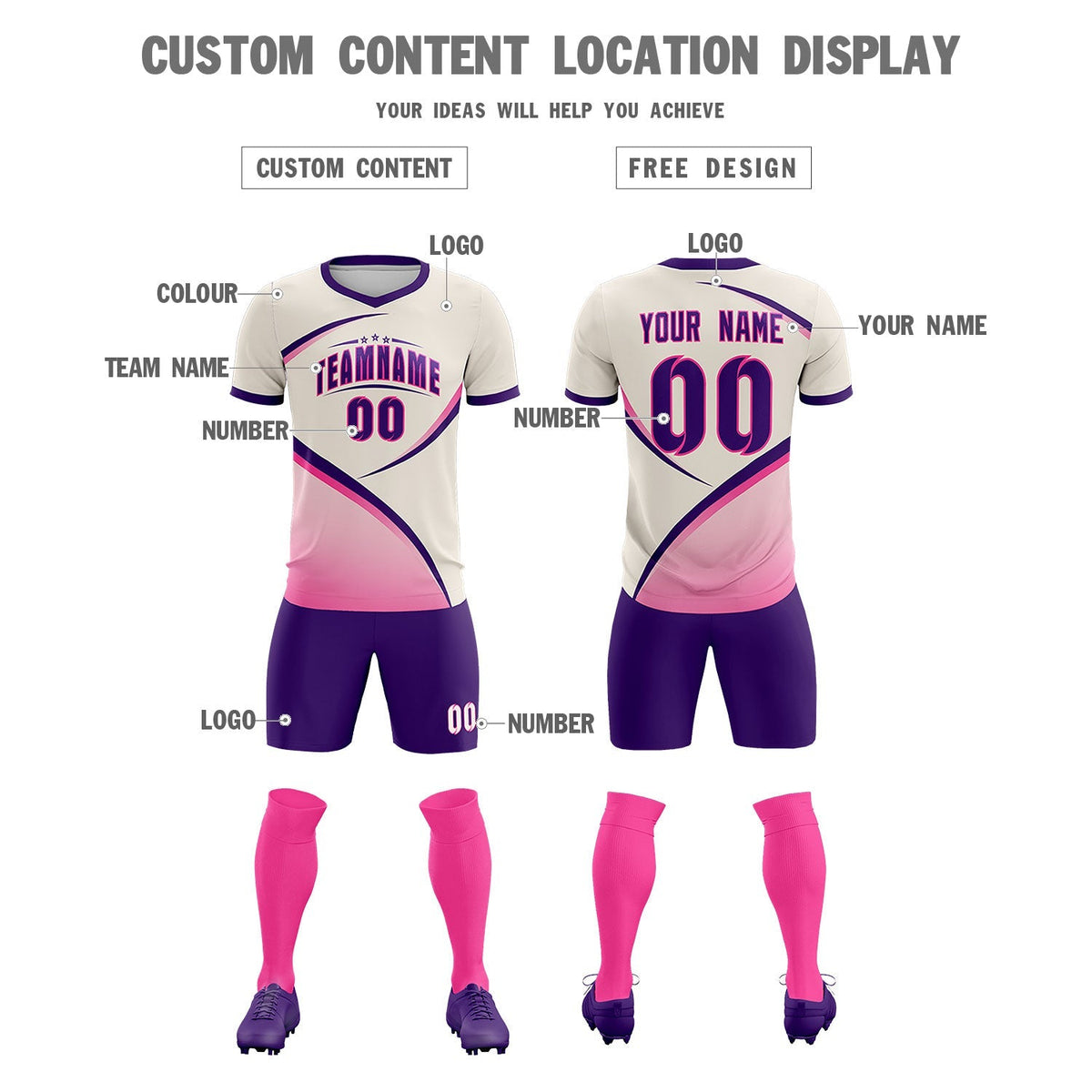Custom Cream Purple Color Block Training Uniform For Men Football Kits Jersey