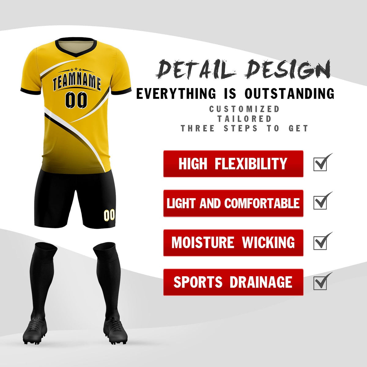 Custom Gold Black Color Block Training Uniform For Men Soccer Sets Jersey