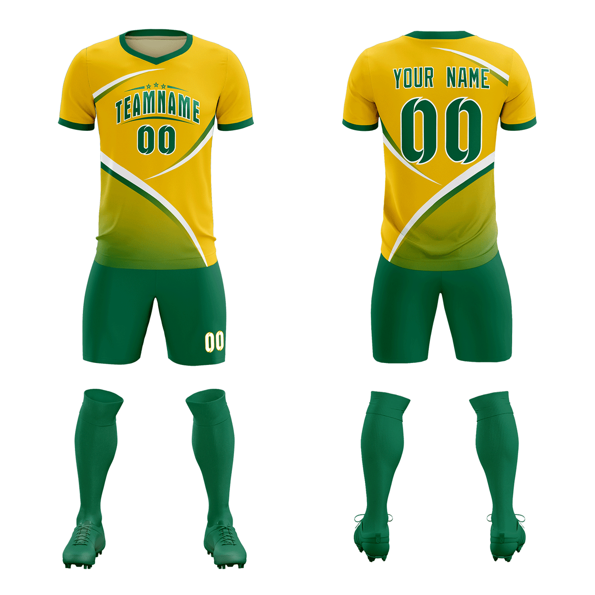 Custom Gold Kelly Green Color Block Training Uniform For Men Soccer Sets Jersey