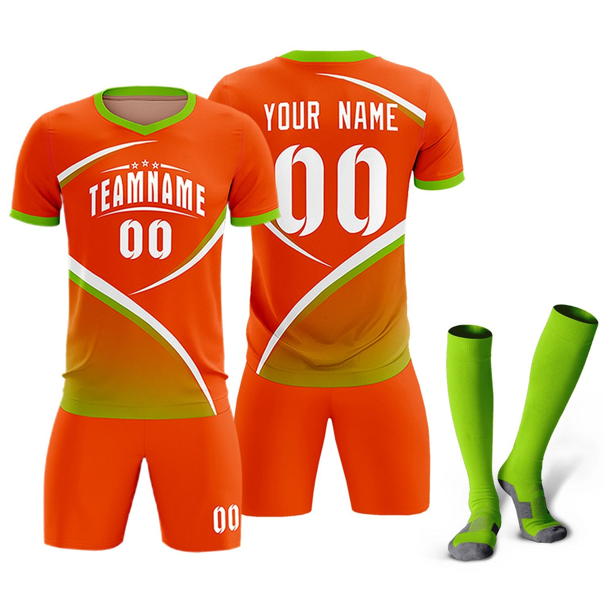 Custom Orange Neon Green Color Block Training Uniform For Men Soccer Sets Jersey