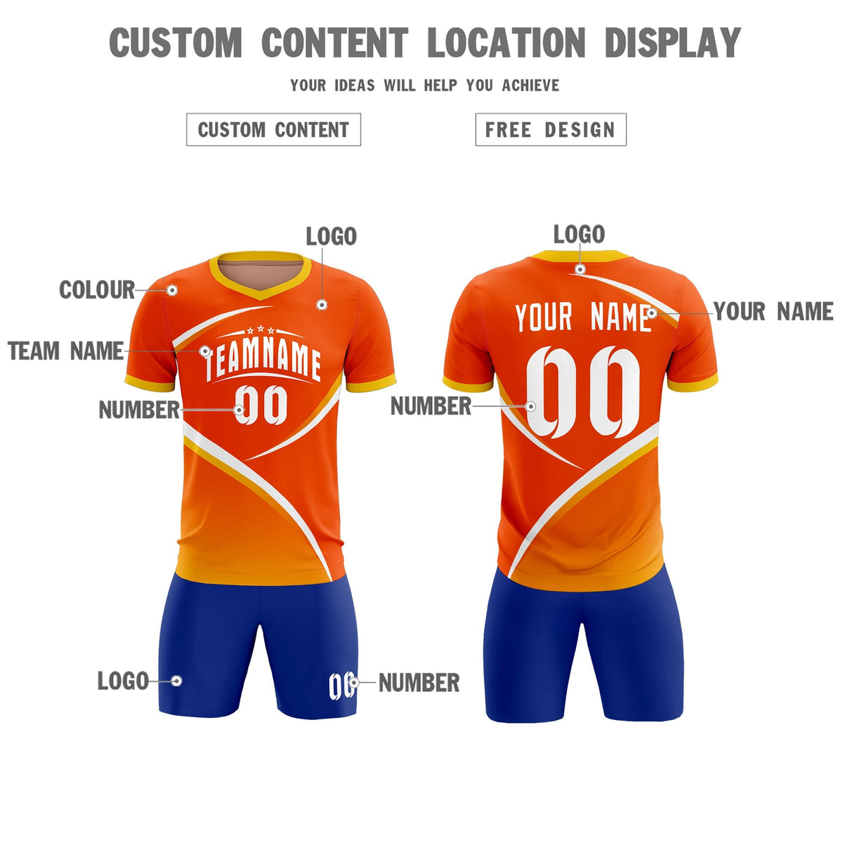 Custom Orange Gold Color Block Training Uniform For Men Soccer Sets Jersey