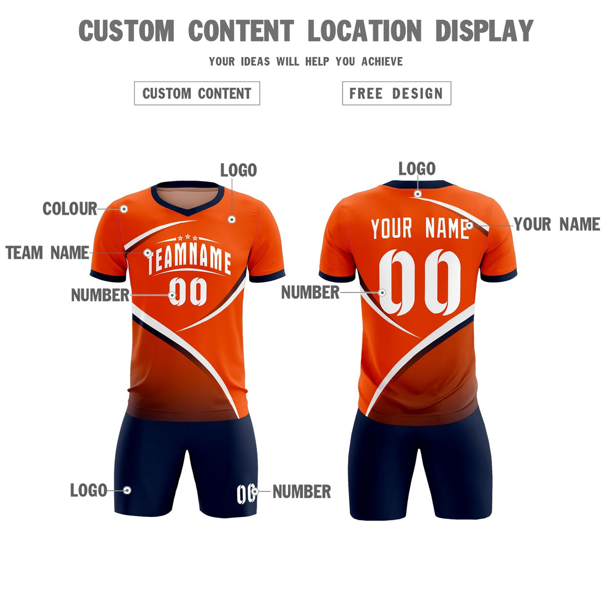 Custom Orange Navy Color Block Training Uniform For Men Soccer Sets Jersey