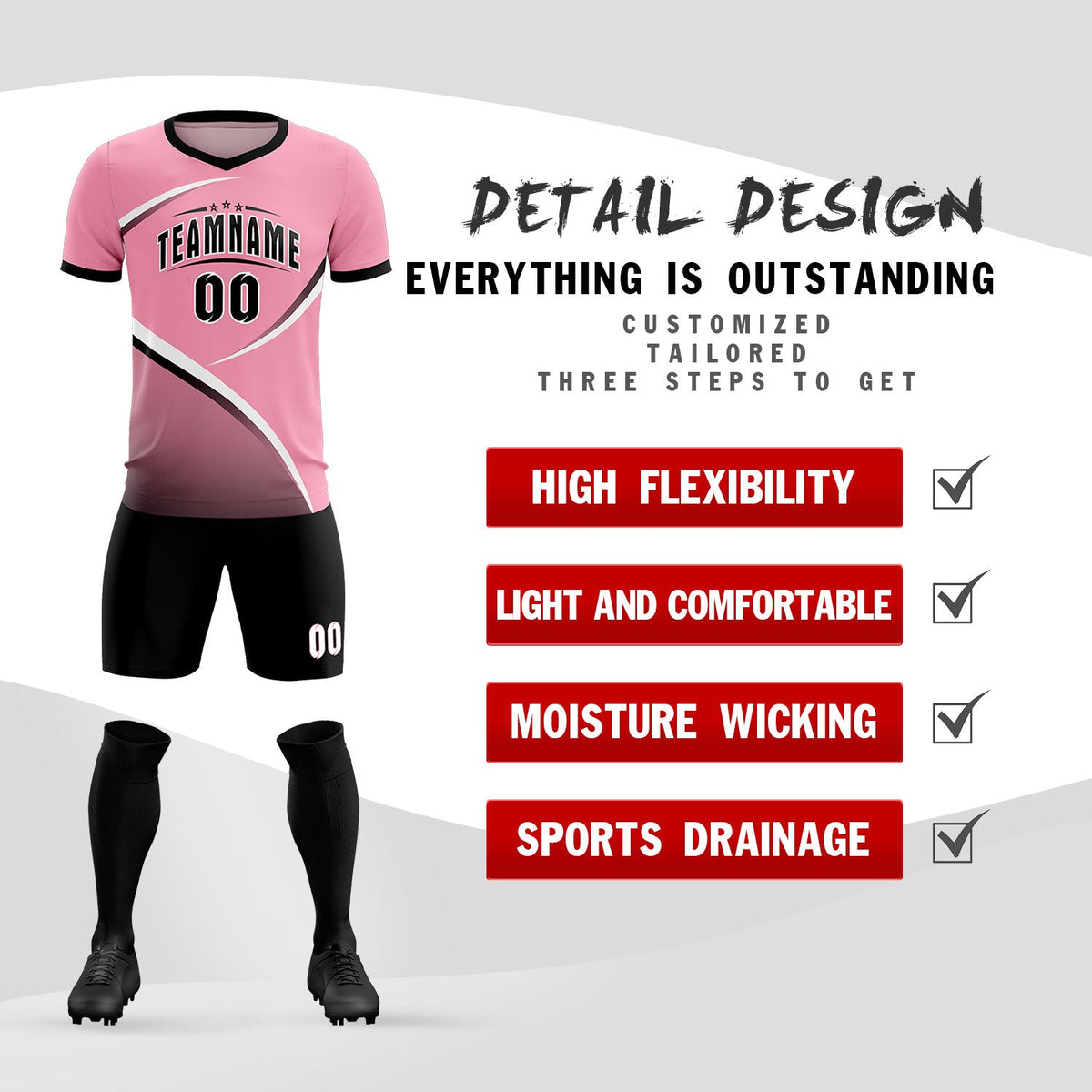 Custom Light Pink Black Color Block Training Uniform For Men Football Kits Jersey