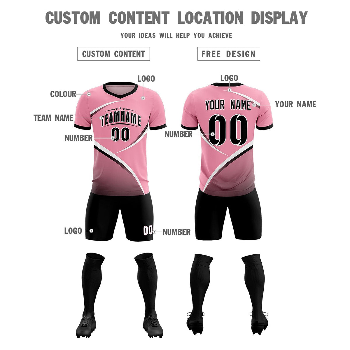 Custom Light Pink Black Color Block Training Uniform For Men Football Kits Jersey
