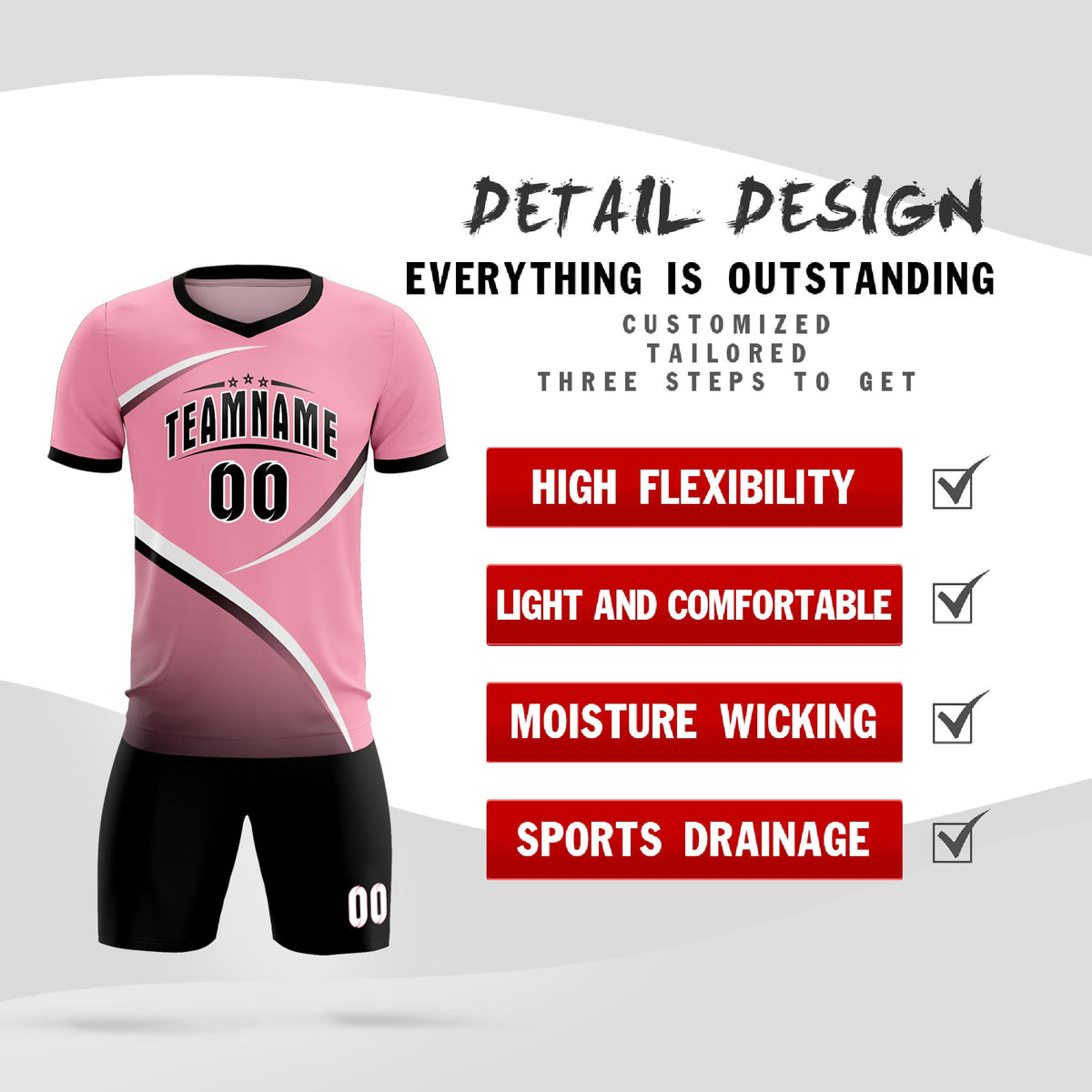 Custom Light Pink Black Color Block Training Uniform For Men Football Kits Jersey