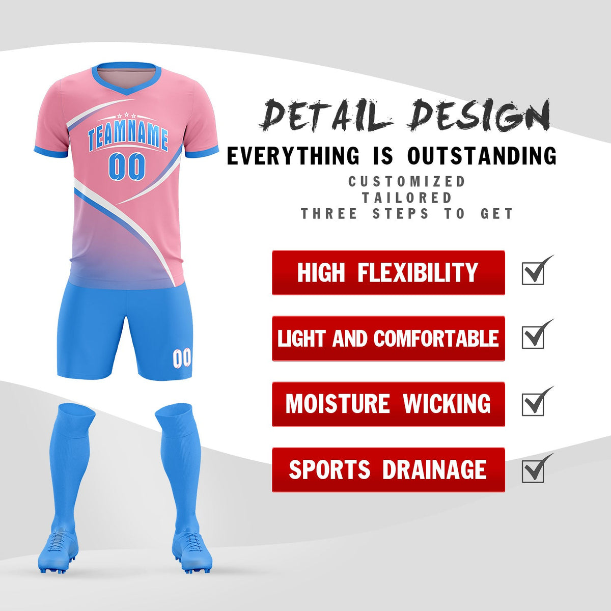 Custom Light Pink Powder Blue Color Block Training Uniform For Men Football Kits Jersey
