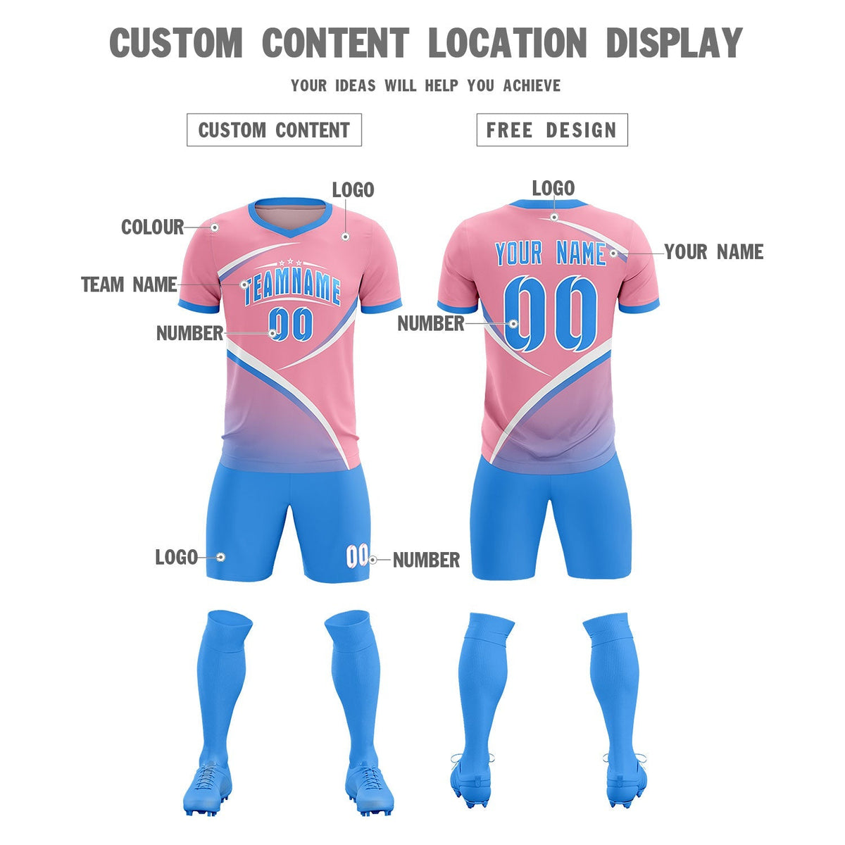 Custom Light Pink Powder Blue Color Block Training Uniform For Men Football Kits Jersey