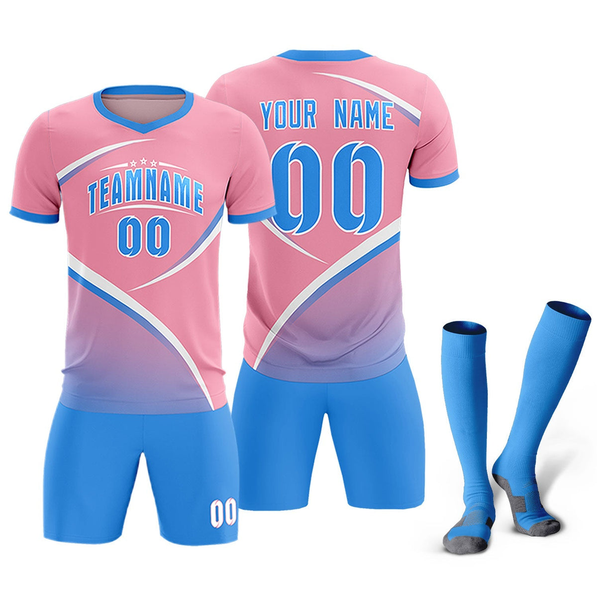 Custom Light Pink Powder Blue Color Block Training Uniform For Men Football Kits Jersey