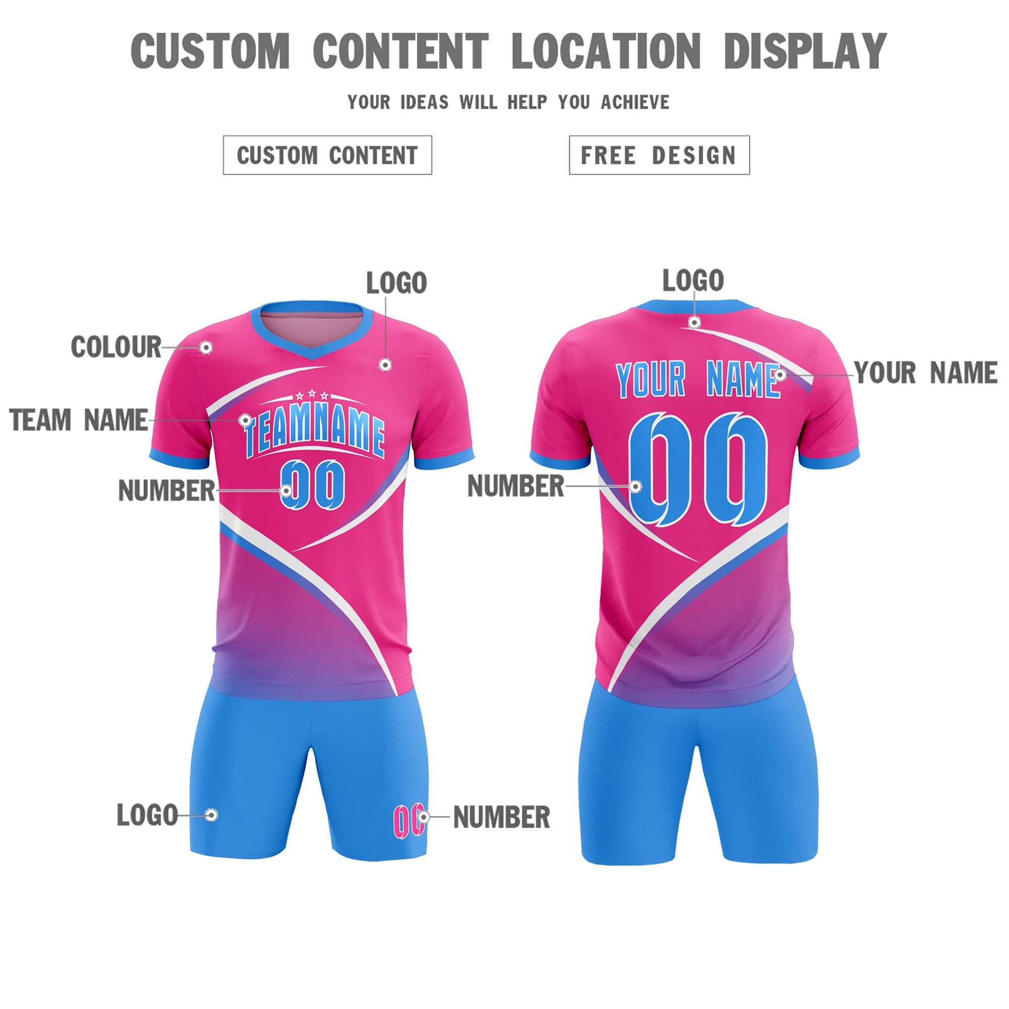 Custom Pink Powder Blue Color Block Training Uniform For Men Soccer Sets Jersey