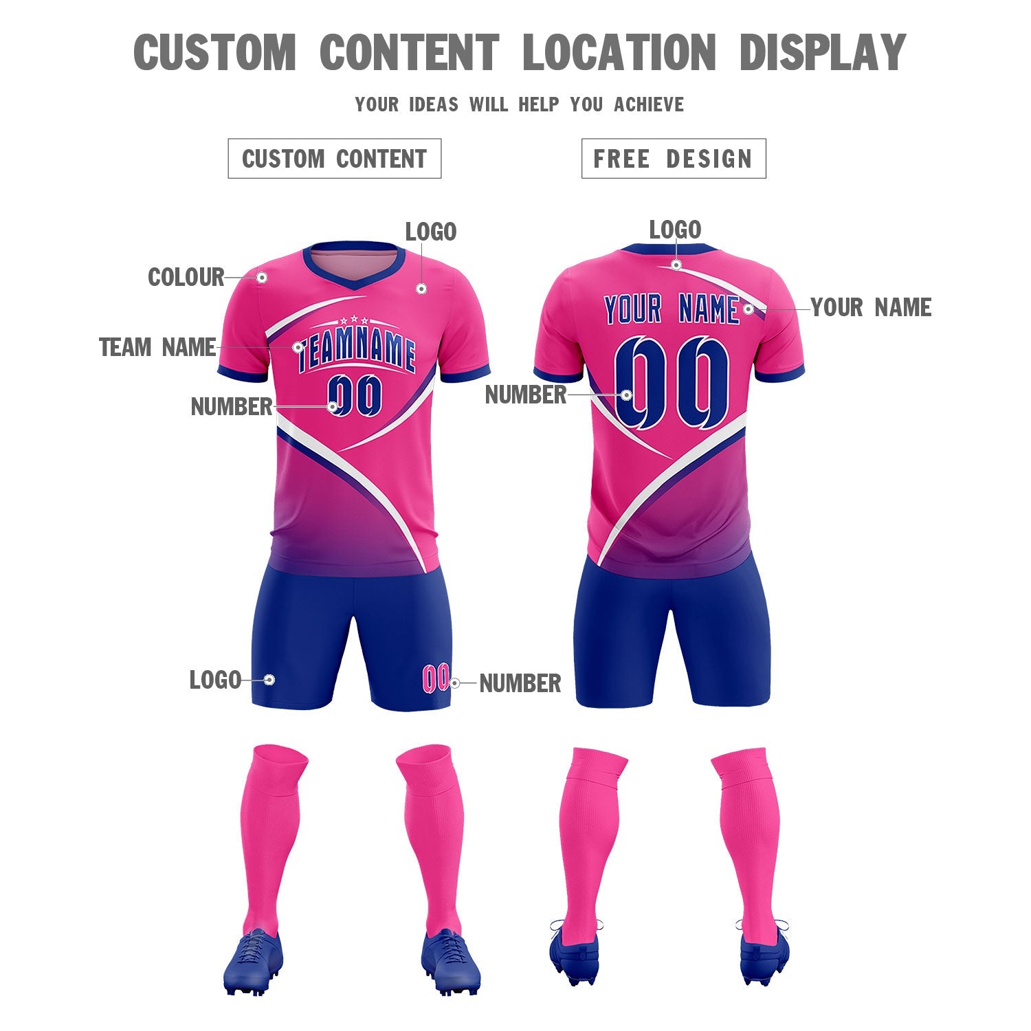 Custom Pink Royal Color Block Training Uniform For Men Soccer Sets Jersey