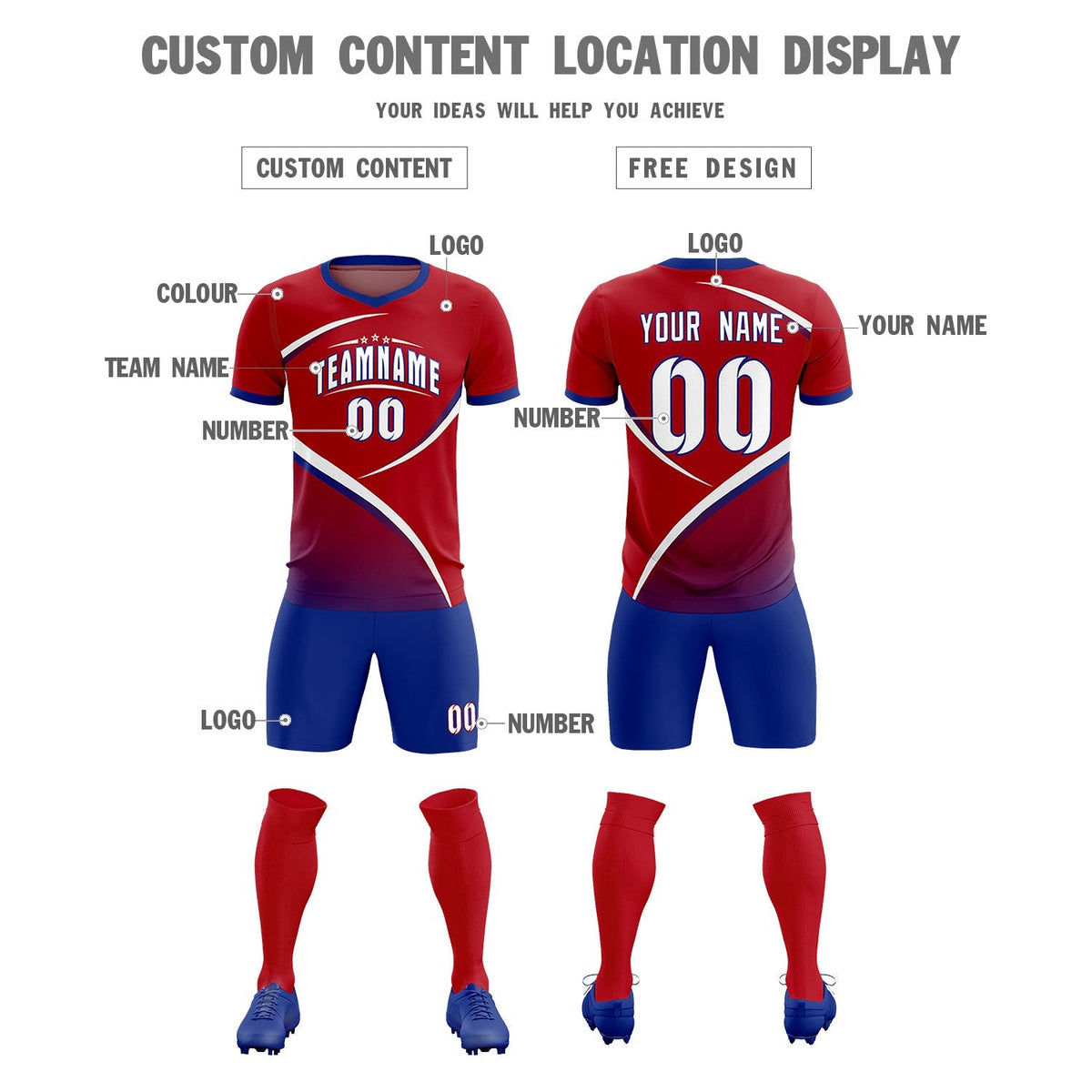 Custom Red Royal Color Block Training Uniform For Men Football Kits Jersey