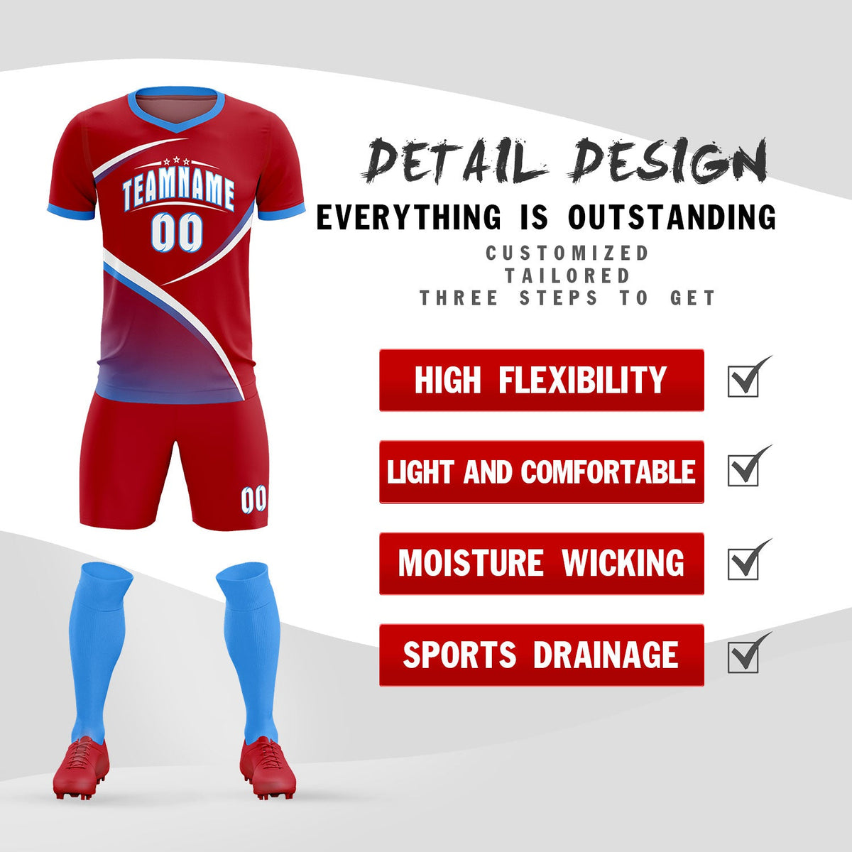 Custom Red Powder Blue Color Block Training Uniform For Men Football Kits Jersey