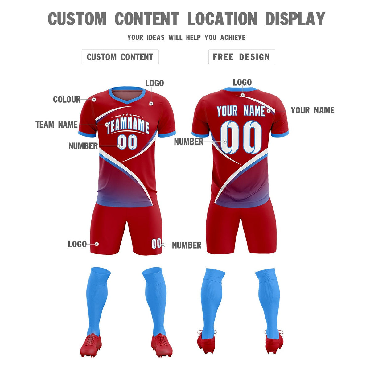 Custom Red Powder Blue Color Block Training Uniform For Men Football Kits Jersey