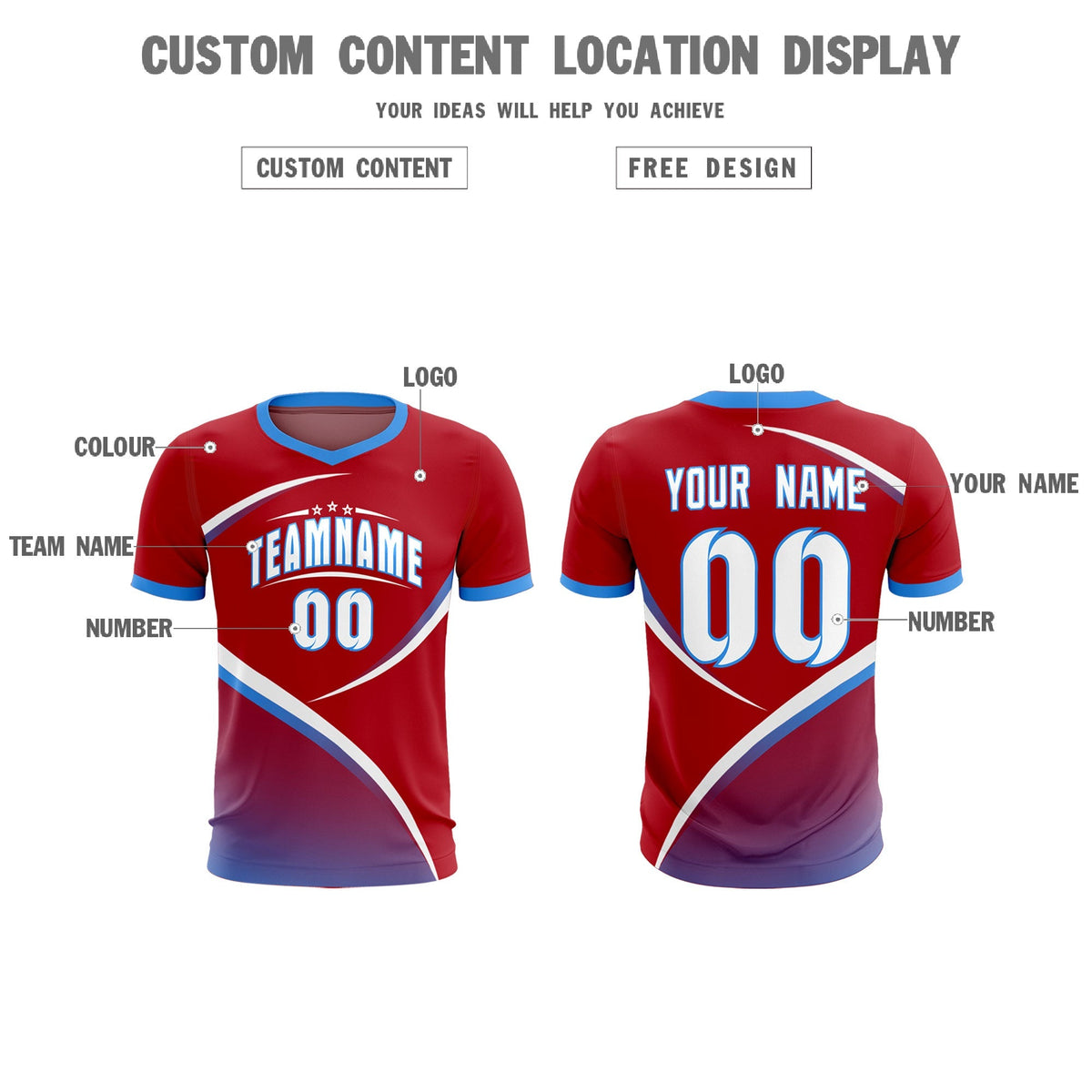 Custom Red Powder Blue Color Block Training Uniform For Men Football Kits Jersey