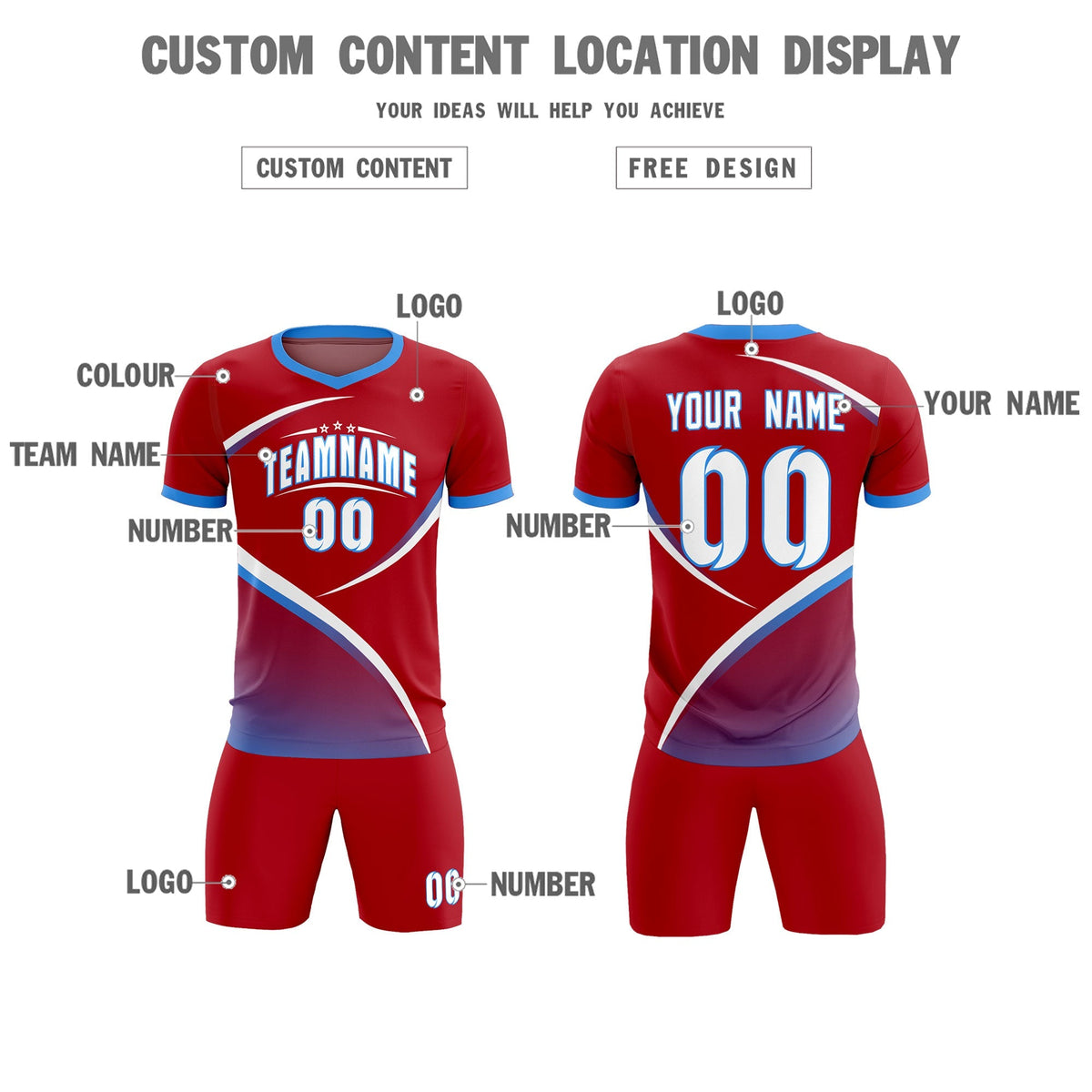 Custom Red Powder Blue Color Block Training Uniform For Men Football Kits Jersey