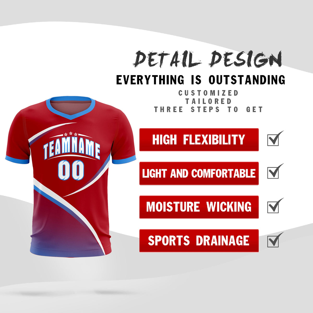 Custom Red Powder Blue Color Block Training Uniform For Men Football Kits Jersey