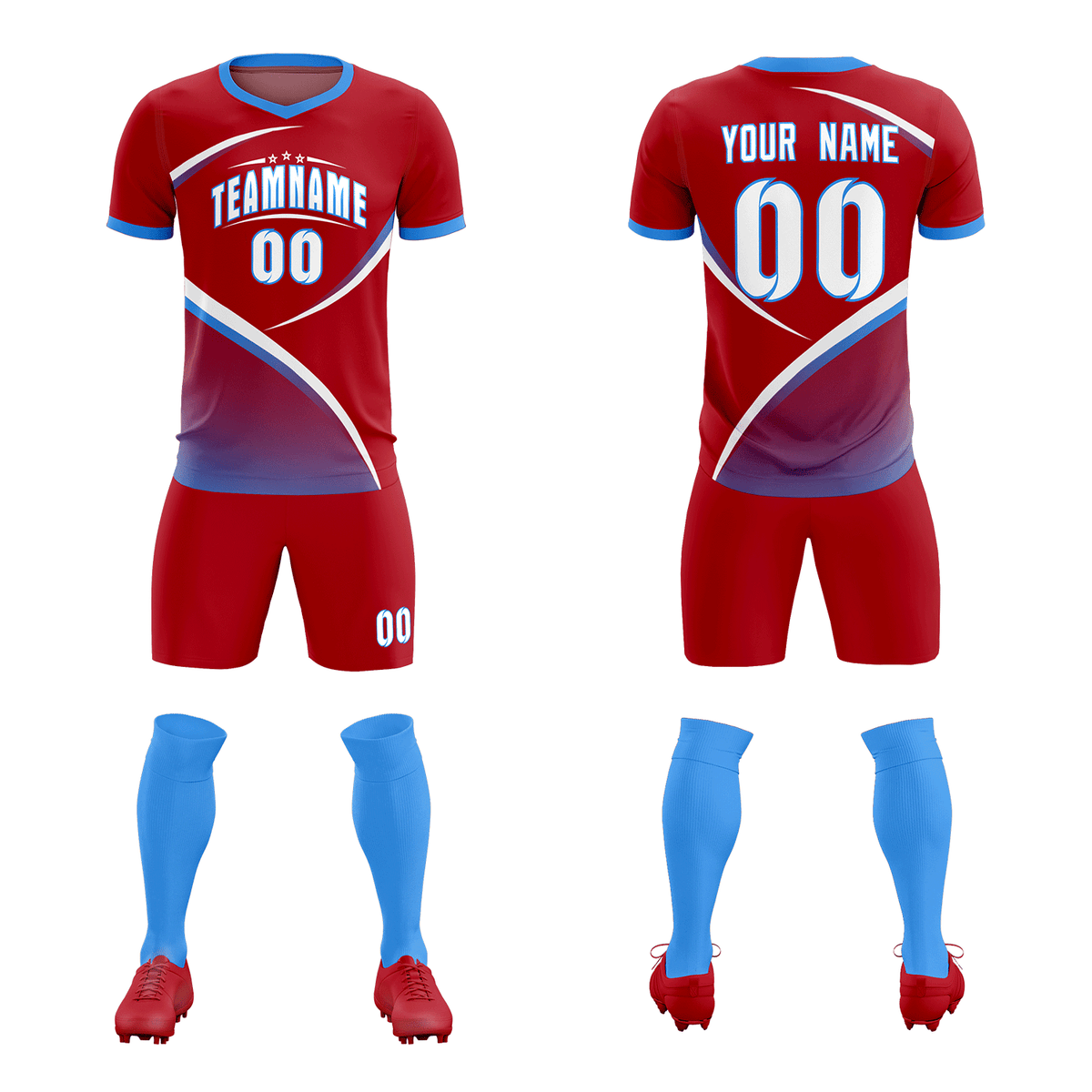 Custom Red Powder Blue Color Block Training Uniform For Men Football Kits Jersey