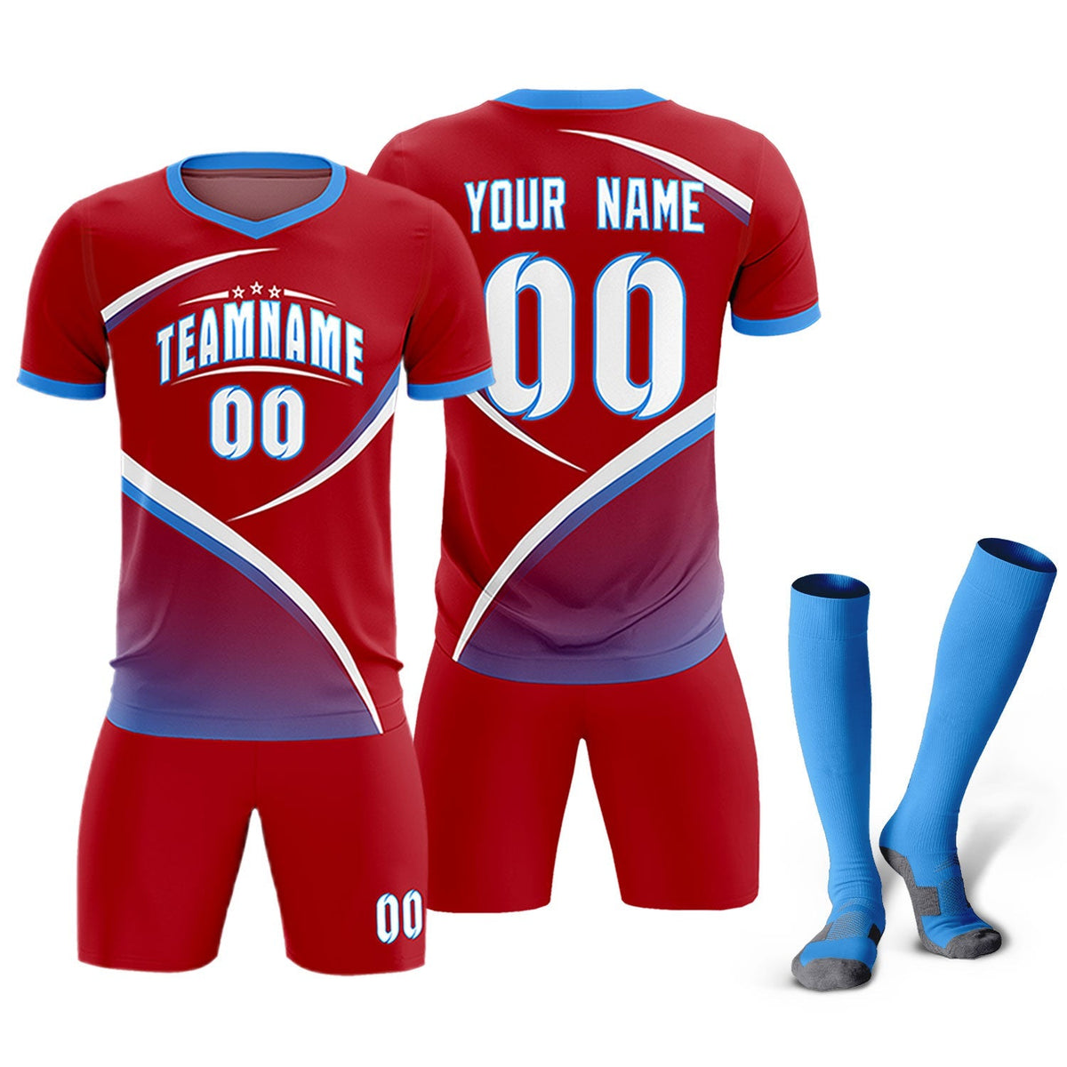 Custom Red Powder Blue Color Block Training Uniform For Men Football Kits Jersey