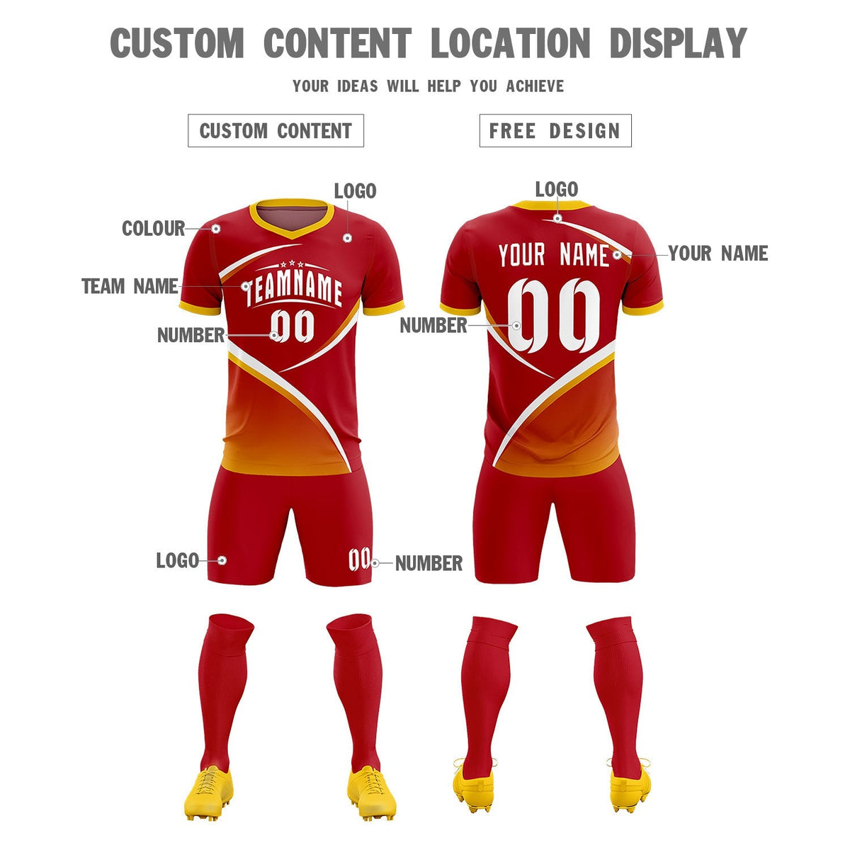 Custom Red Gold Color Block Training Uniform For Men Football Kits Jersey
