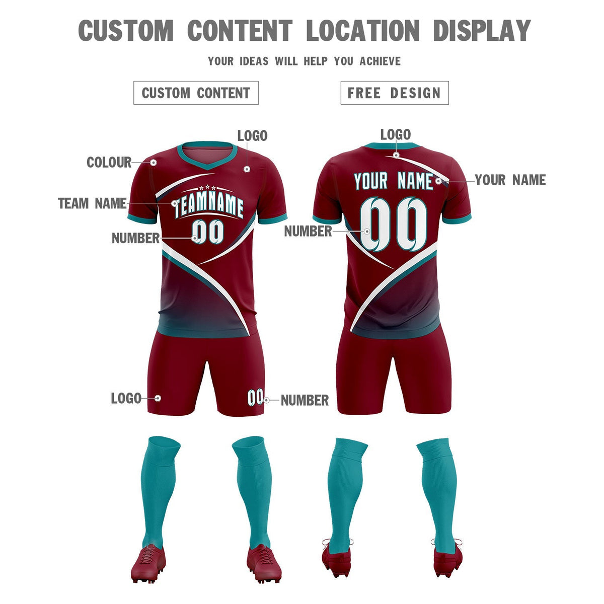 Custom Crimson Aqua Color Block Training Uniform For Men Football Kits Jersey