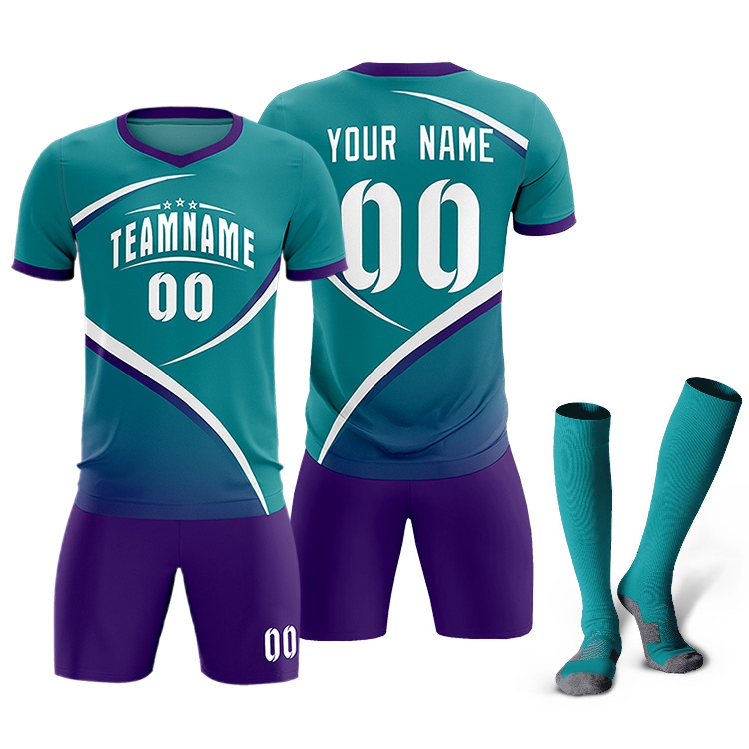 Custom Aqua Purple Color Block Training Uniform For Men Soccer Sets Jersey