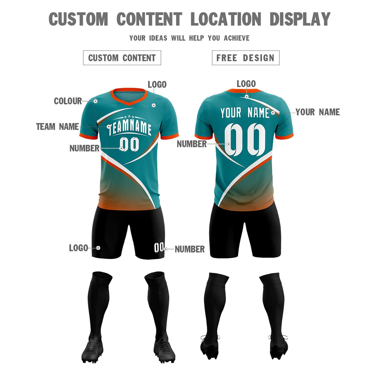 Custom Aqua Orange Color Block Training Uniform For Men Soccer Sets Jersey
