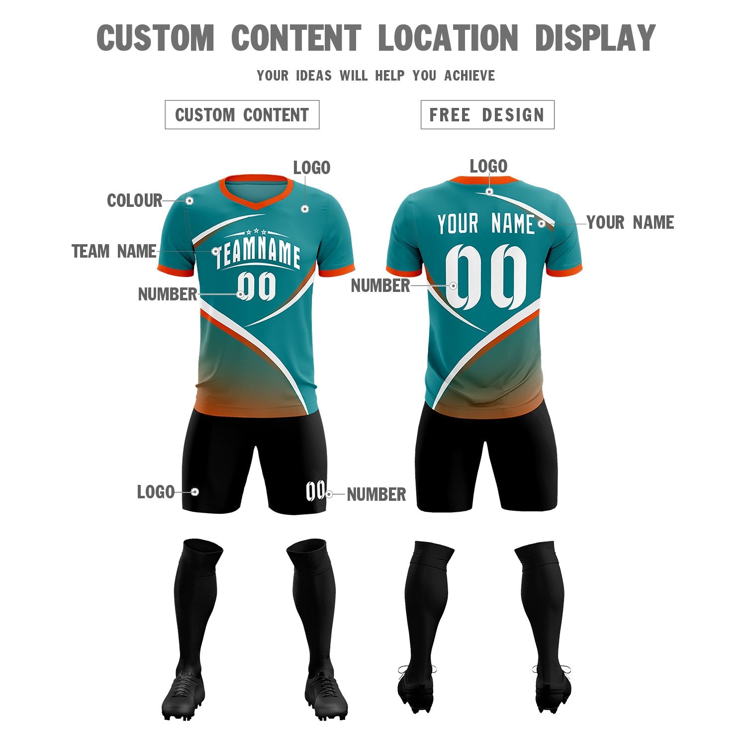 Custom Aqua Orange Color Block Training Uniform For Men Soccer Sets Jersey