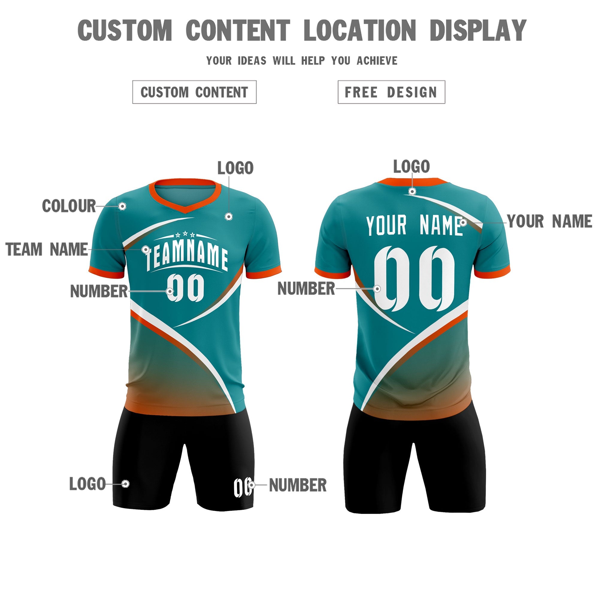 Custom Aqua Orange Color Block Training Uniform For Men Soccer Sets Jersey