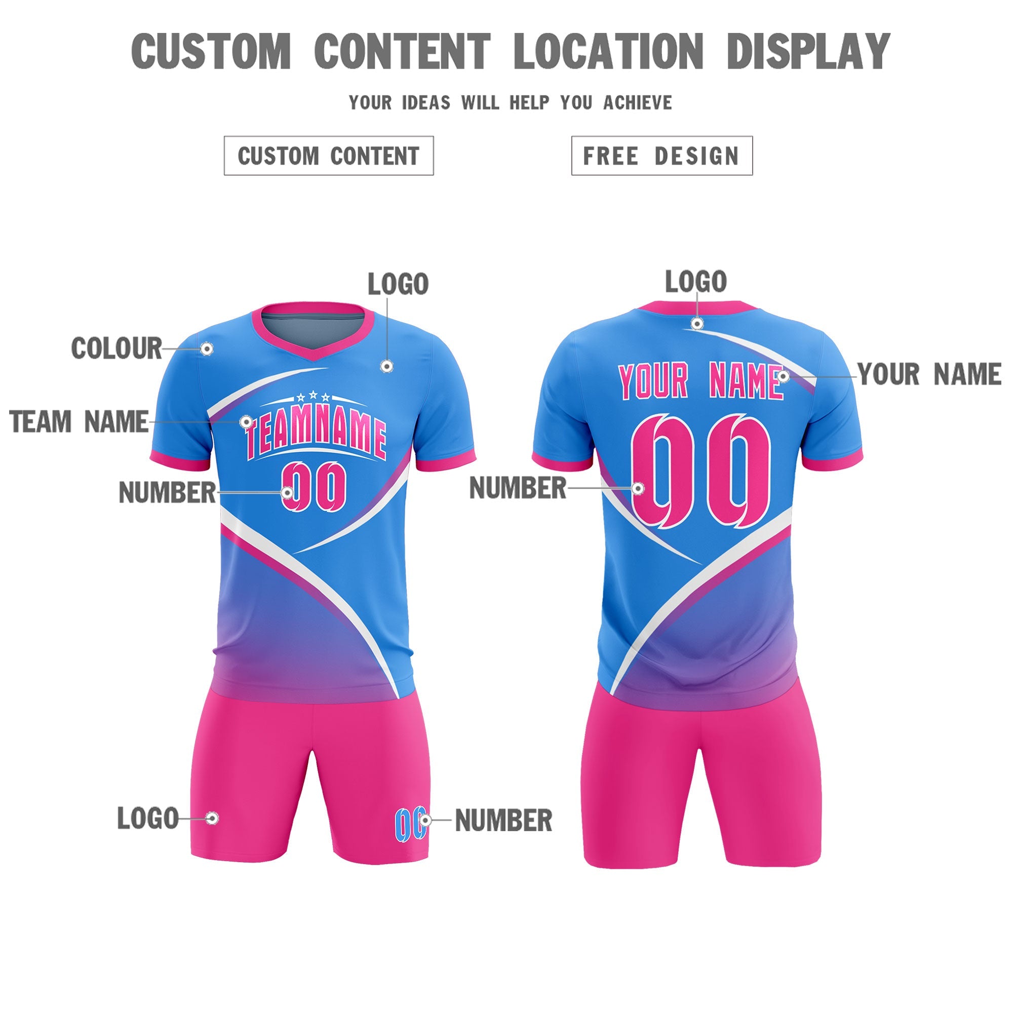 Custom Powder Blue Pink Color Block Training Uniform For Men Soccer Sets Jersey
