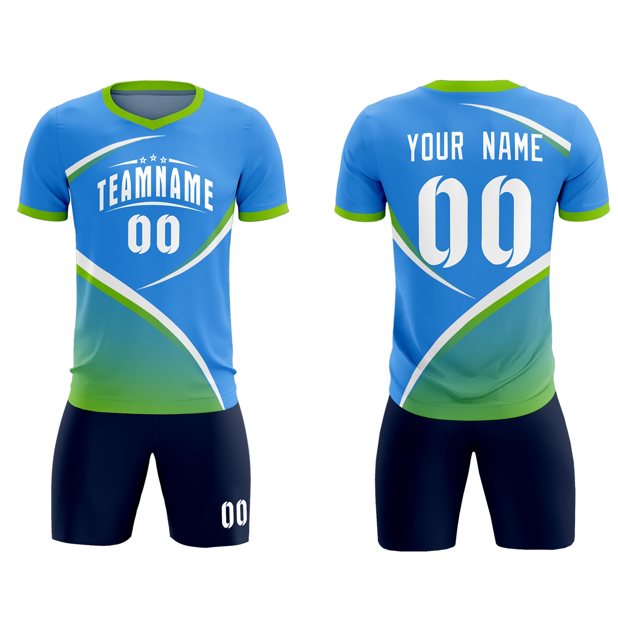 Custom Powder Blue Neon Green Color Block Training Uniform For Men Soccer Sets Jersey