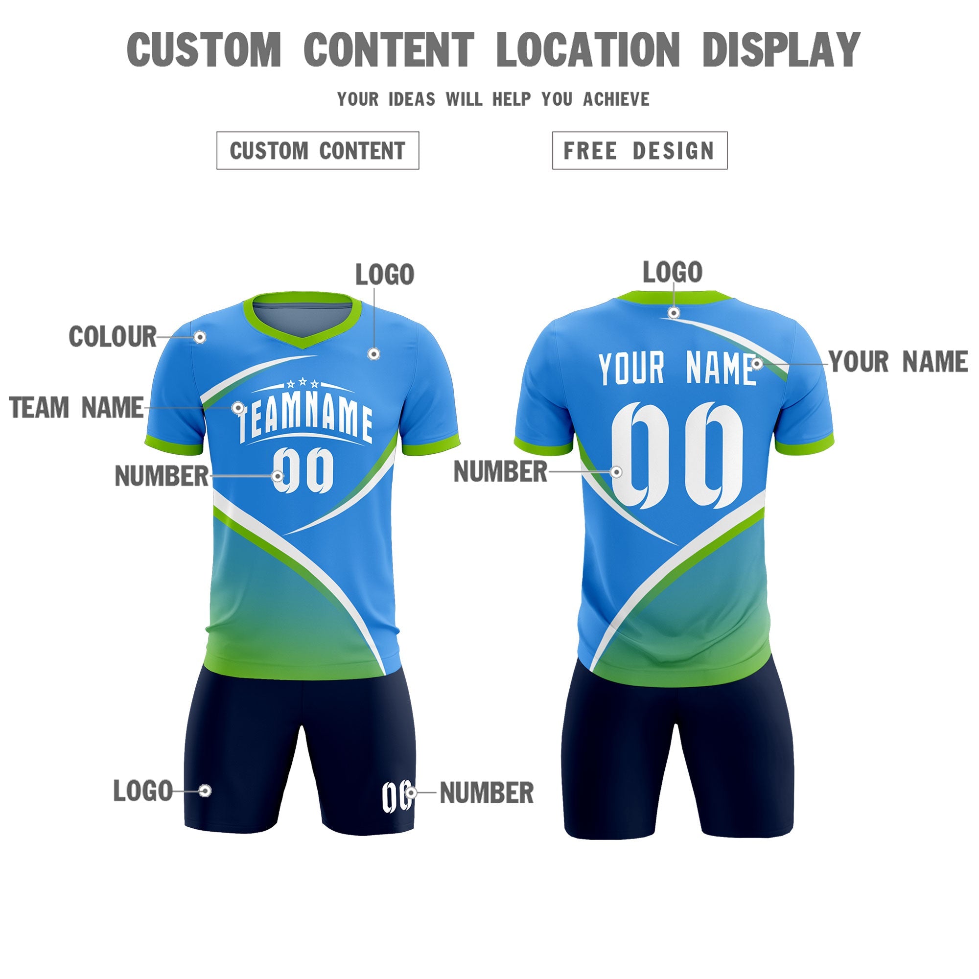 Custom Powder Blue Neon Green Color Block Training Uniform For Men Soccer Sets Jersey