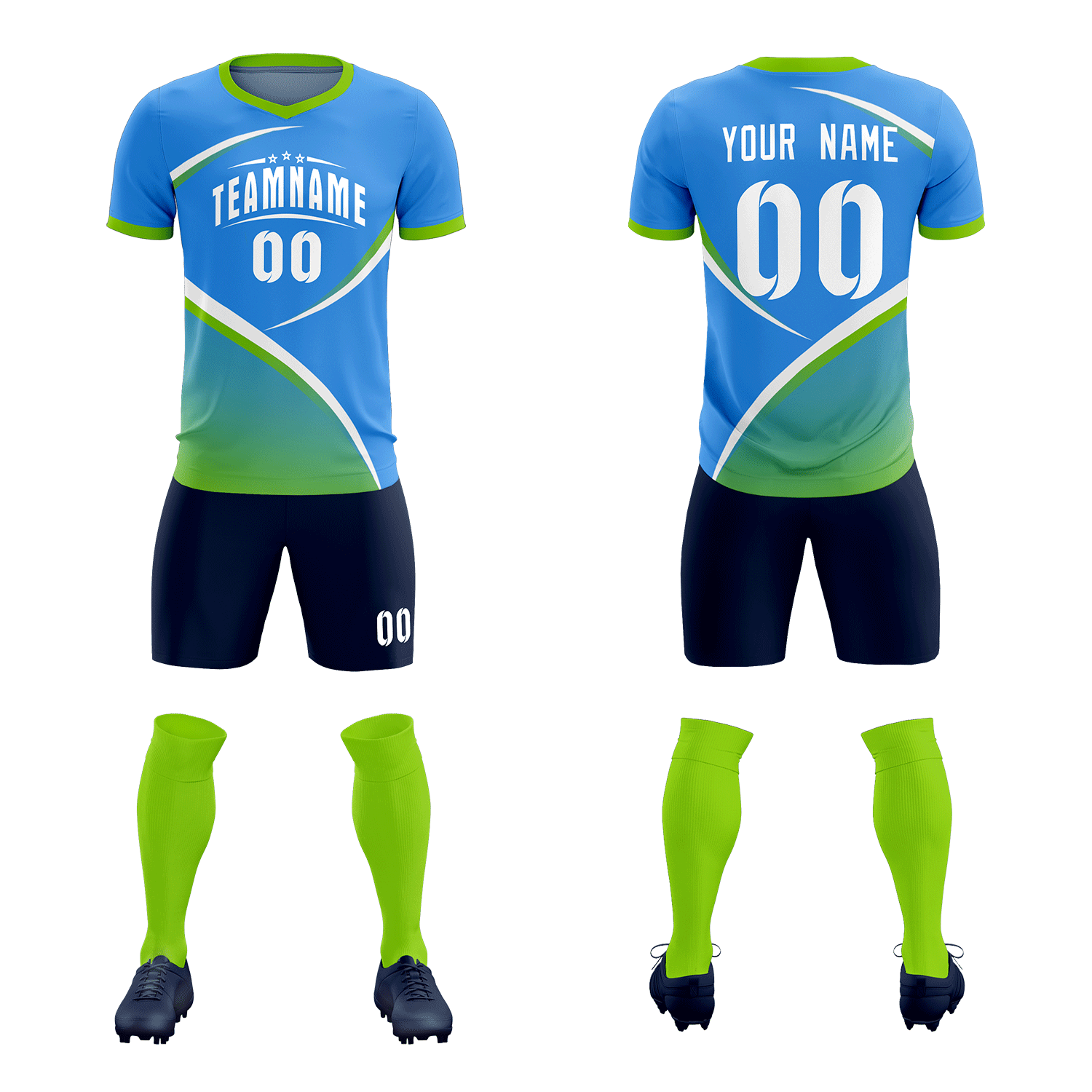 Custom Powder Blue Neon Green Color Block Training Uniform For Men Soccer Sets Jersey