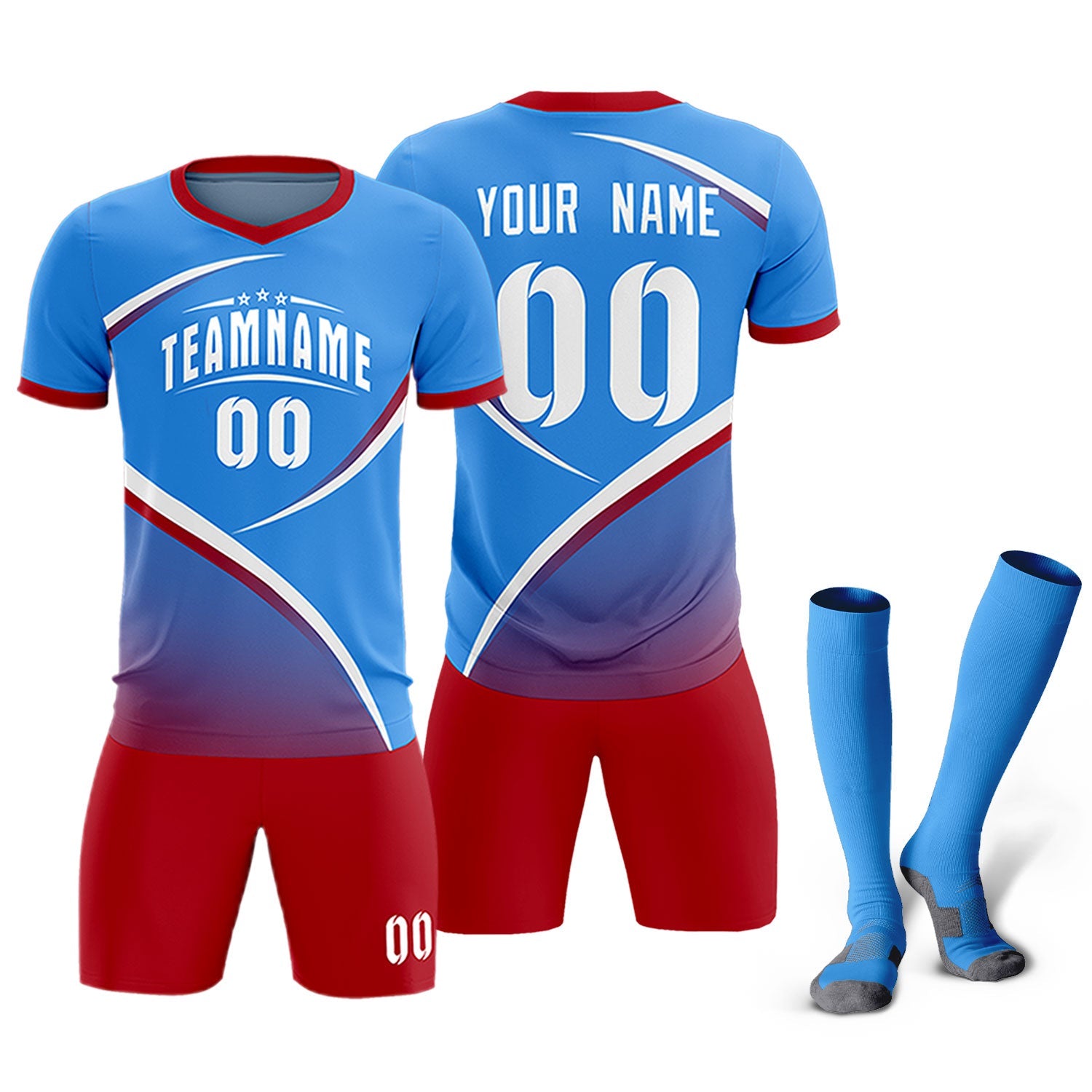 Custom Powder Blue Red Color Block Training Uniform For Men Soccer Sets Jersey