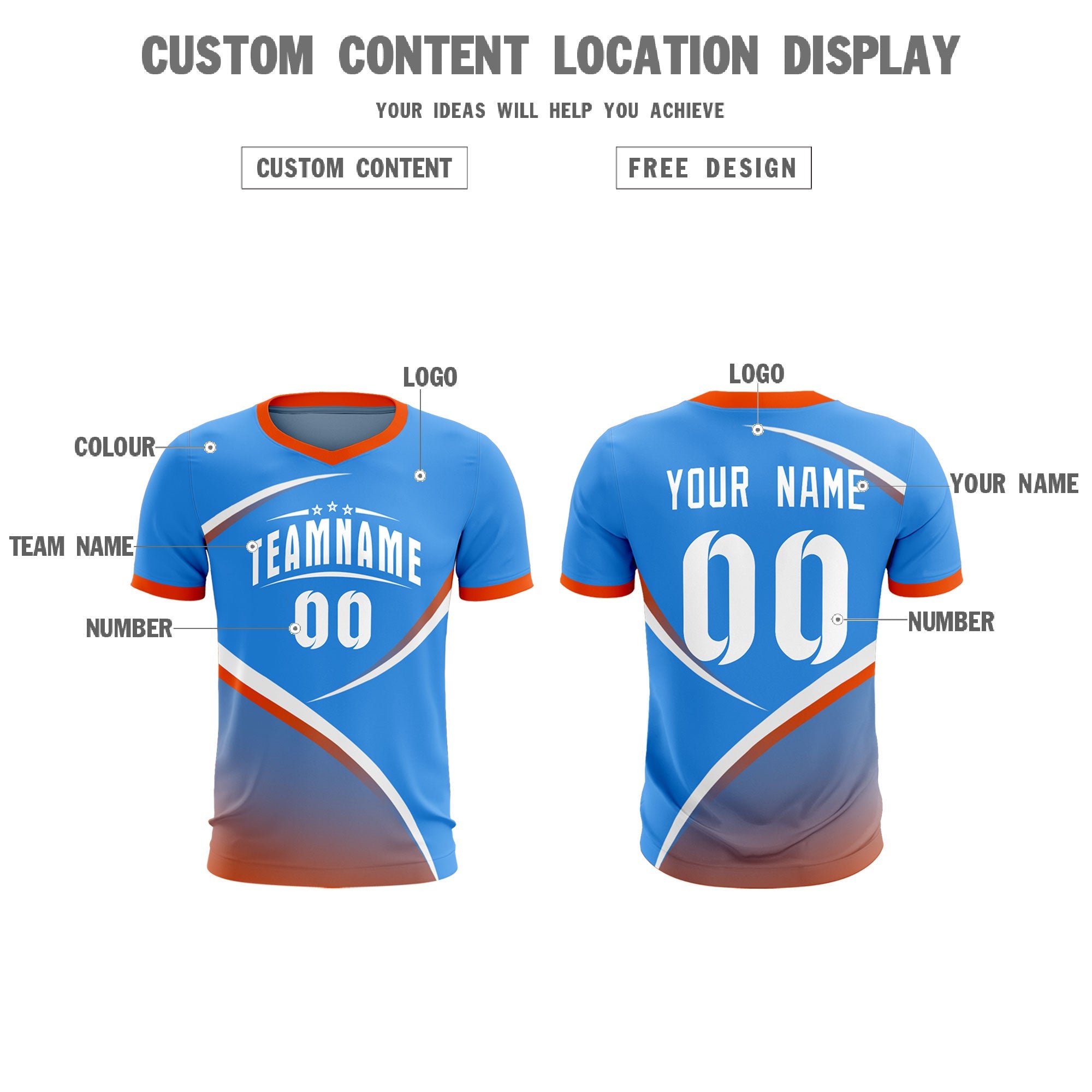 Custom Powder Blue Orange Color Block Training Uniform For Men Soccer Sets Jersey