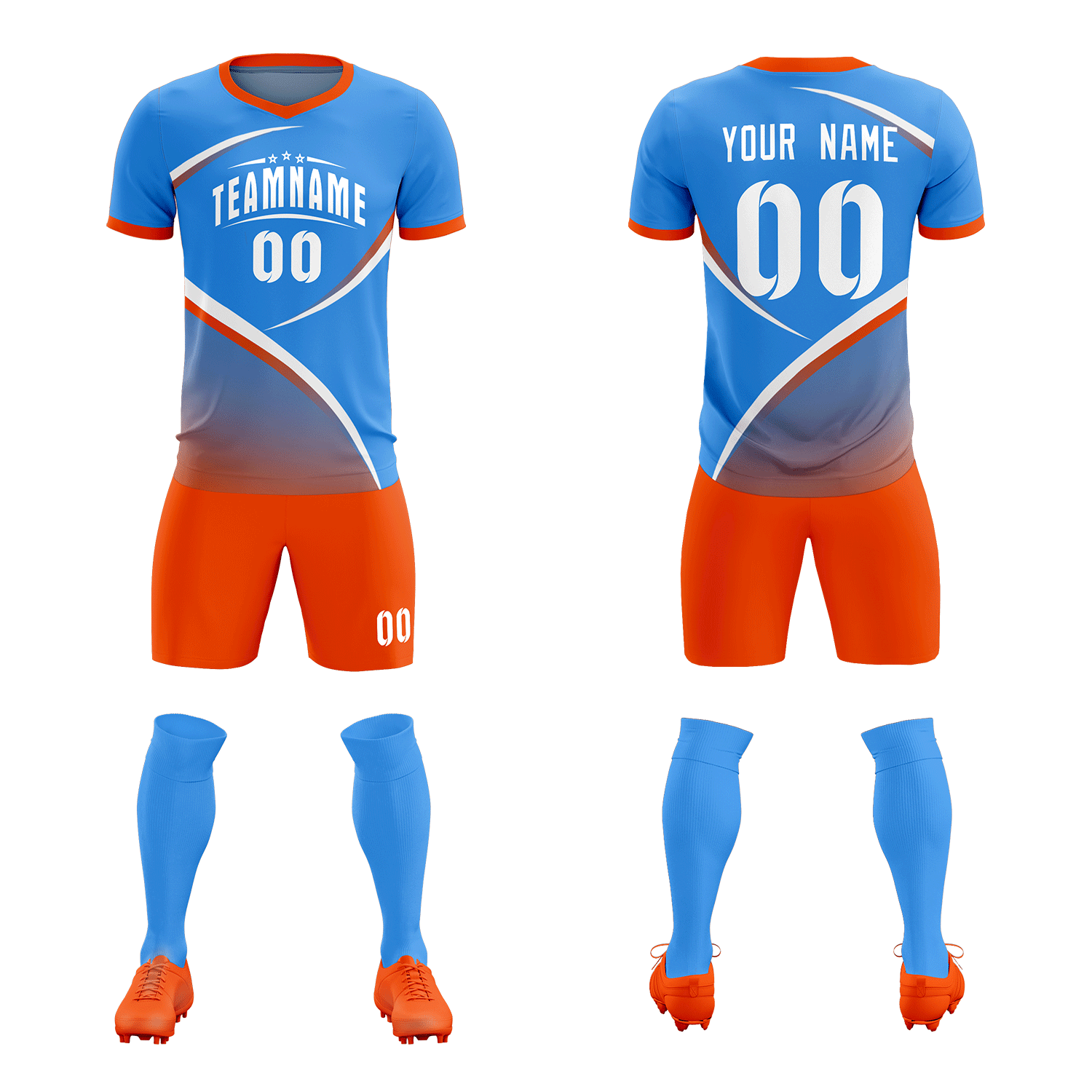 Custom Powder Blue Orange Color Block Training Uniform For Men Soccer Sets Jersey