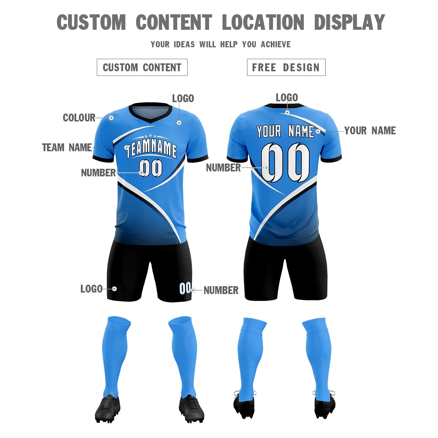 Custom Powder Blue Navy Color Block Training Uniform For Men Soccer Sets Jersey