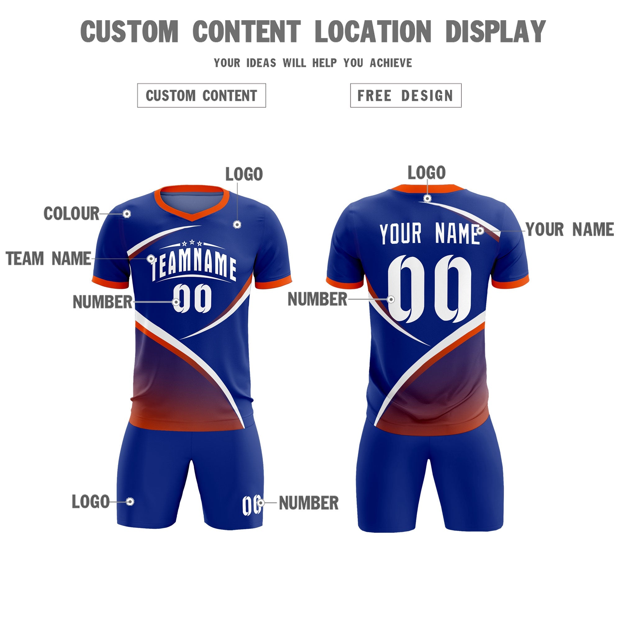 Custom Royal Orange Color Block Training Uniform For Men Soccer Sets Jersey